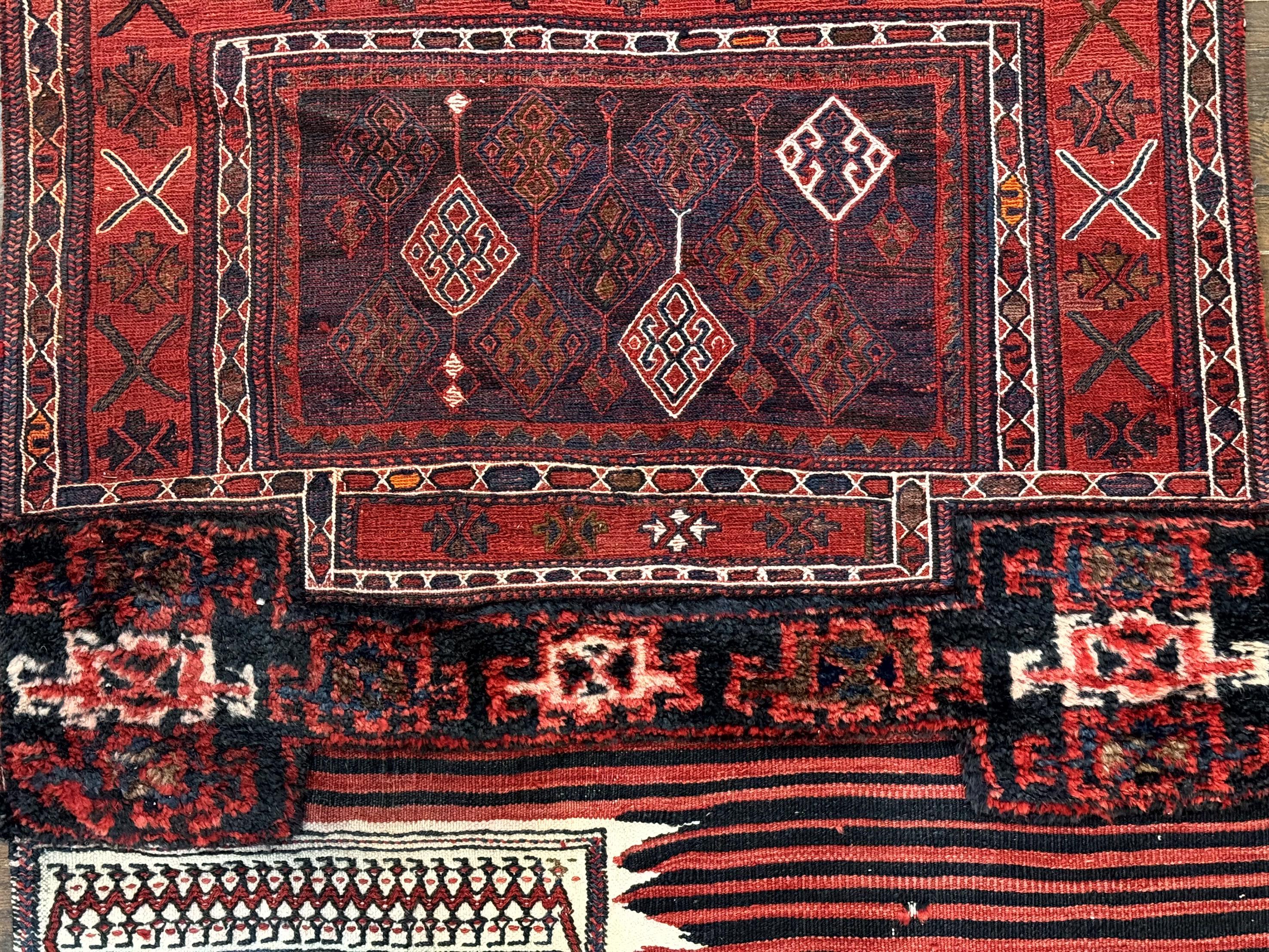 Persian Tribal Nomadic Saddle Cover Rug, Antique, Handmade, Wool, Red Ivory Black, Collectible, Shashavan