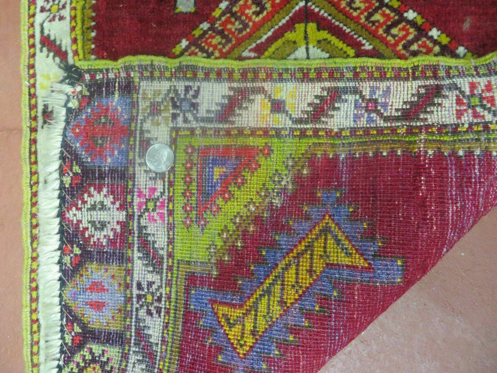 Antique Turkish Yastik Rug 2x3, Handmade Wool Oushak Small Oriental Carpet Red