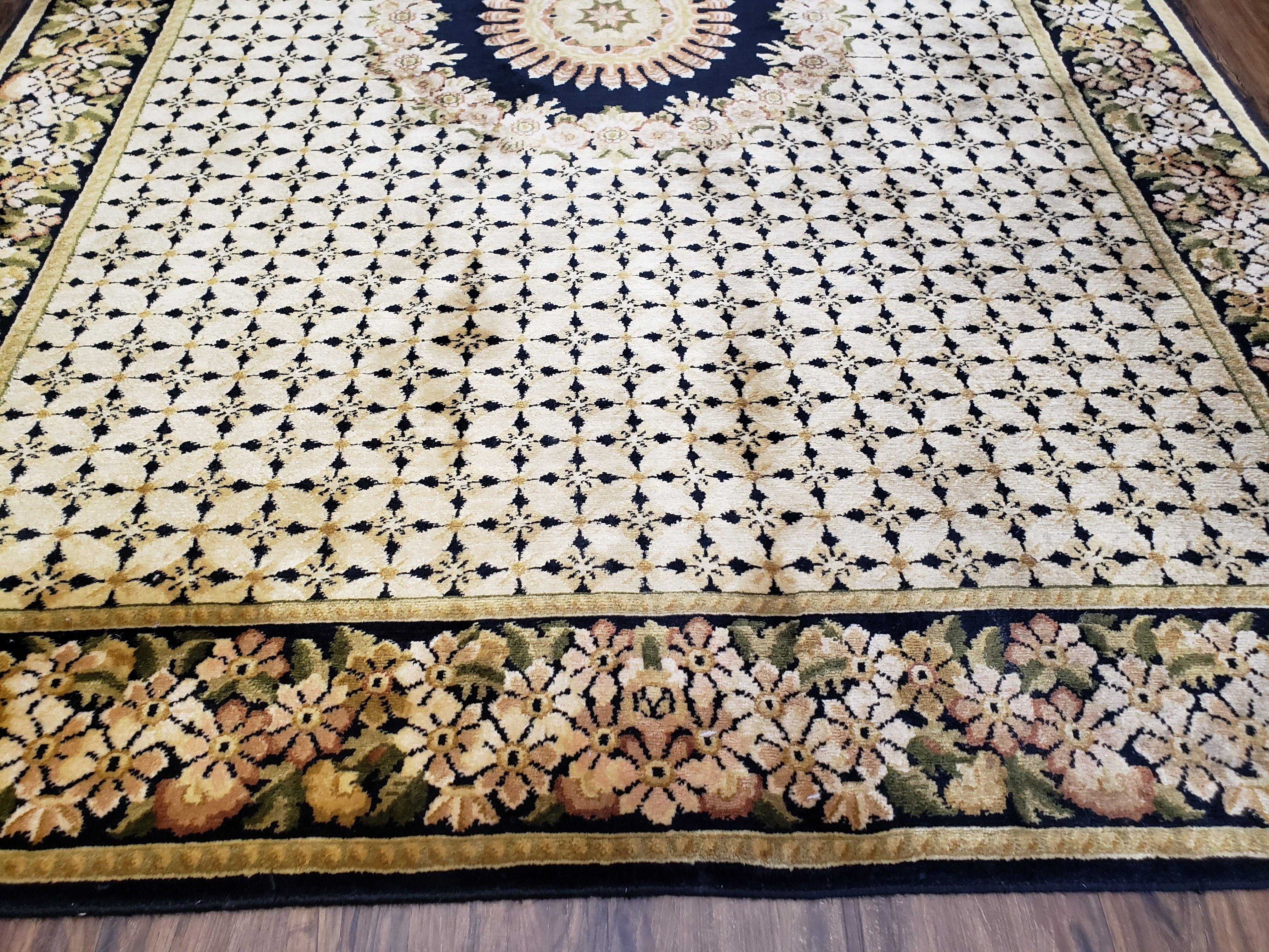 Indian Rug with Tibetan Weave, 6x8 - 6x9 Rugs, Indo-Tibetan Rug, Black and Cream Beige Tan, Floral Border, Soft Rug, Handmade Area Rug, Wool