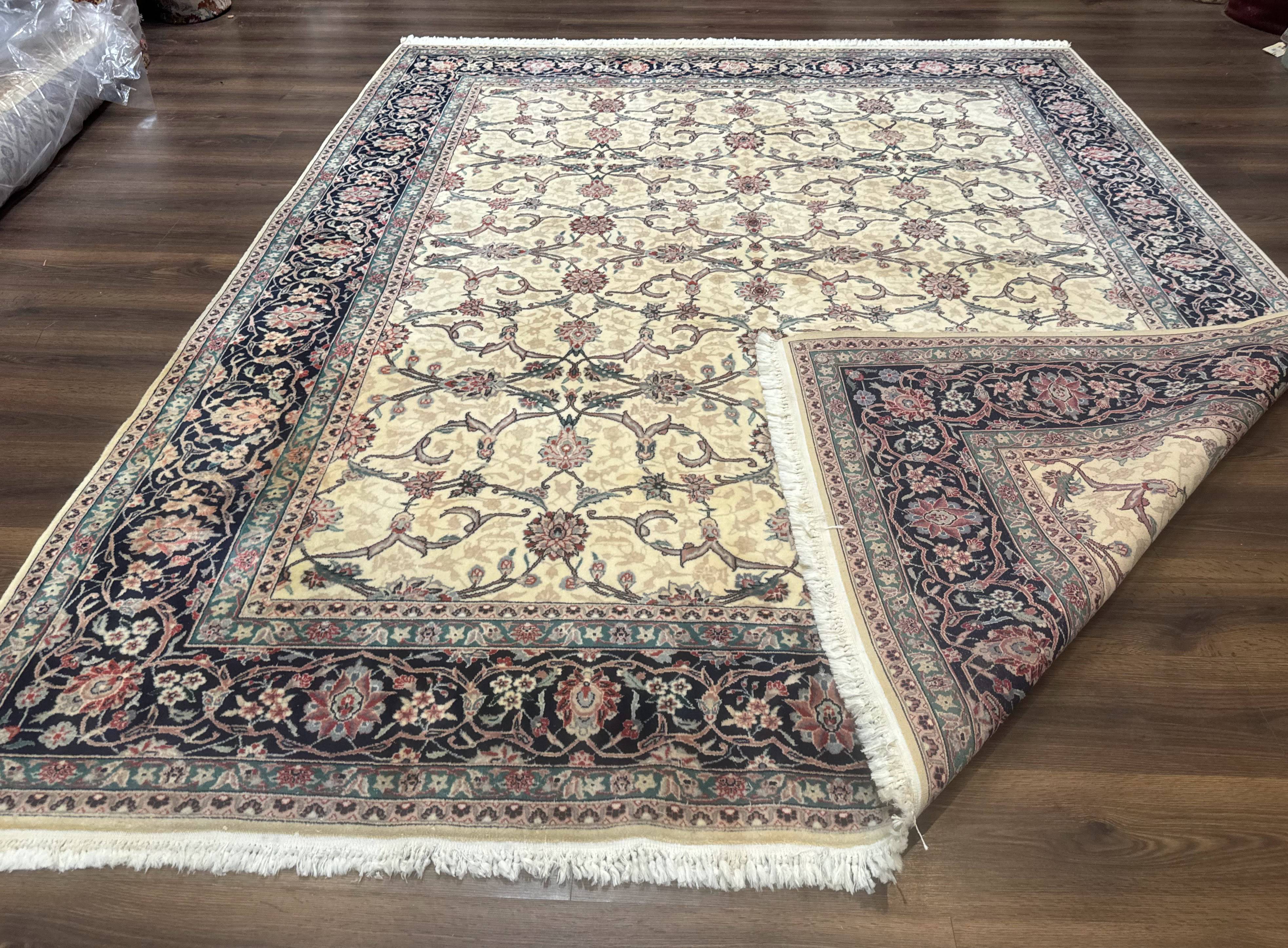 Sino Persian Rug 8x10, Allover Pattern, Beige and Midnight Blue, Wool Oriental Carpet