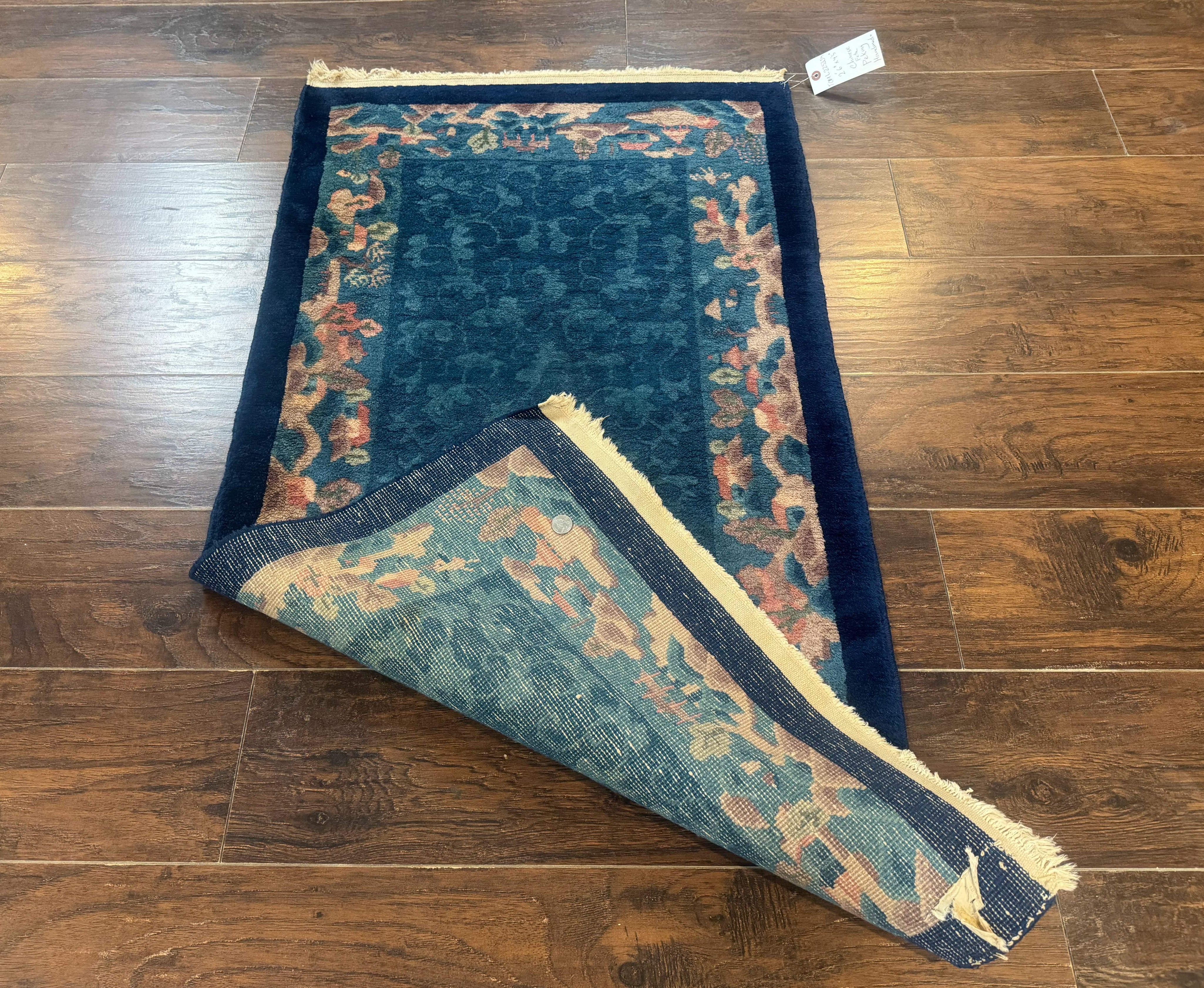 Blue Chinese Wool Rug 2.5 x 4, Peking Rug, Fete Rug, Semi Antique Chinese Carpet