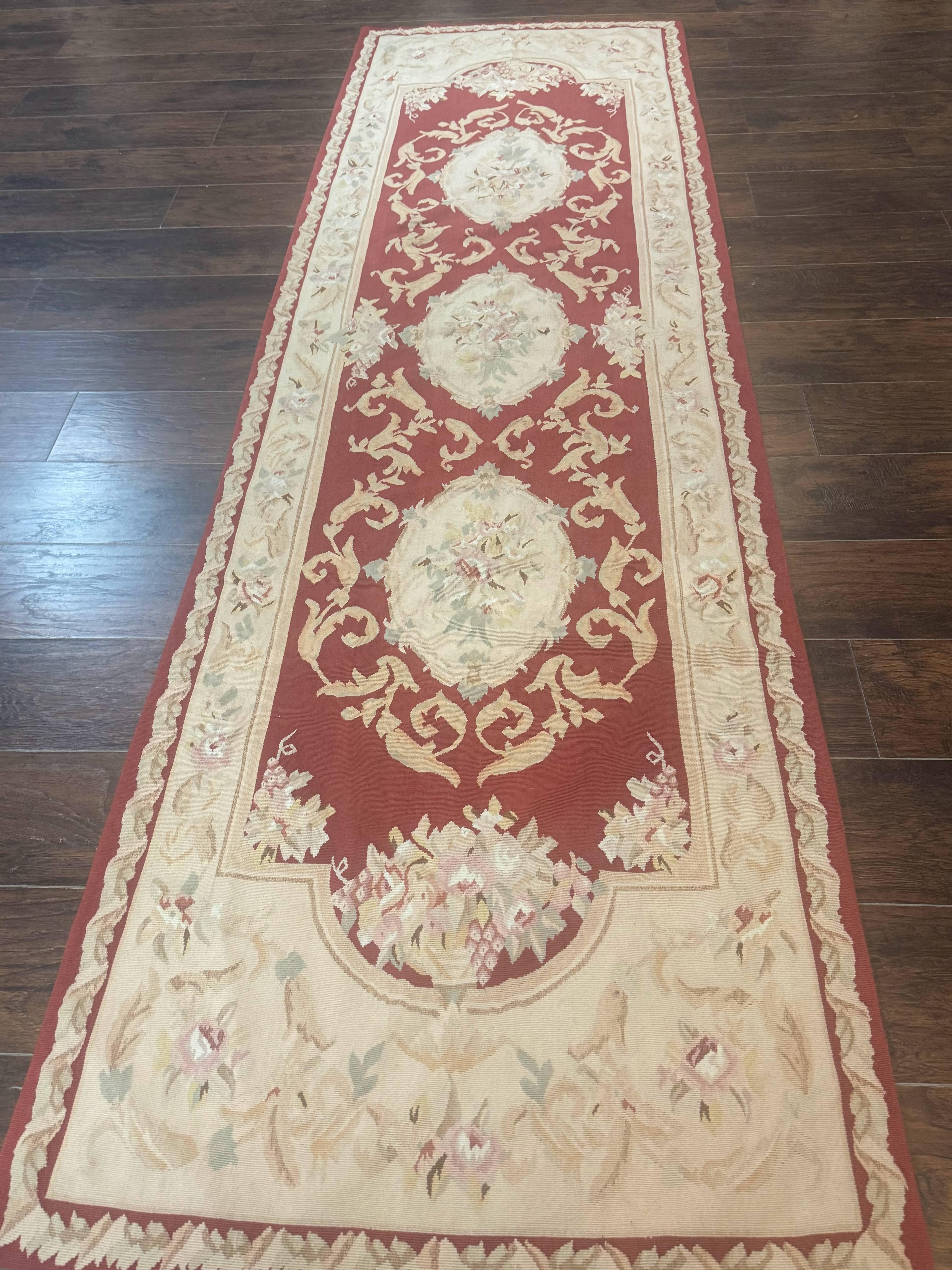 Aubusson Runner Rug 3x10, European Design, Red and Beige, Elegant, Handmade Wool Rug