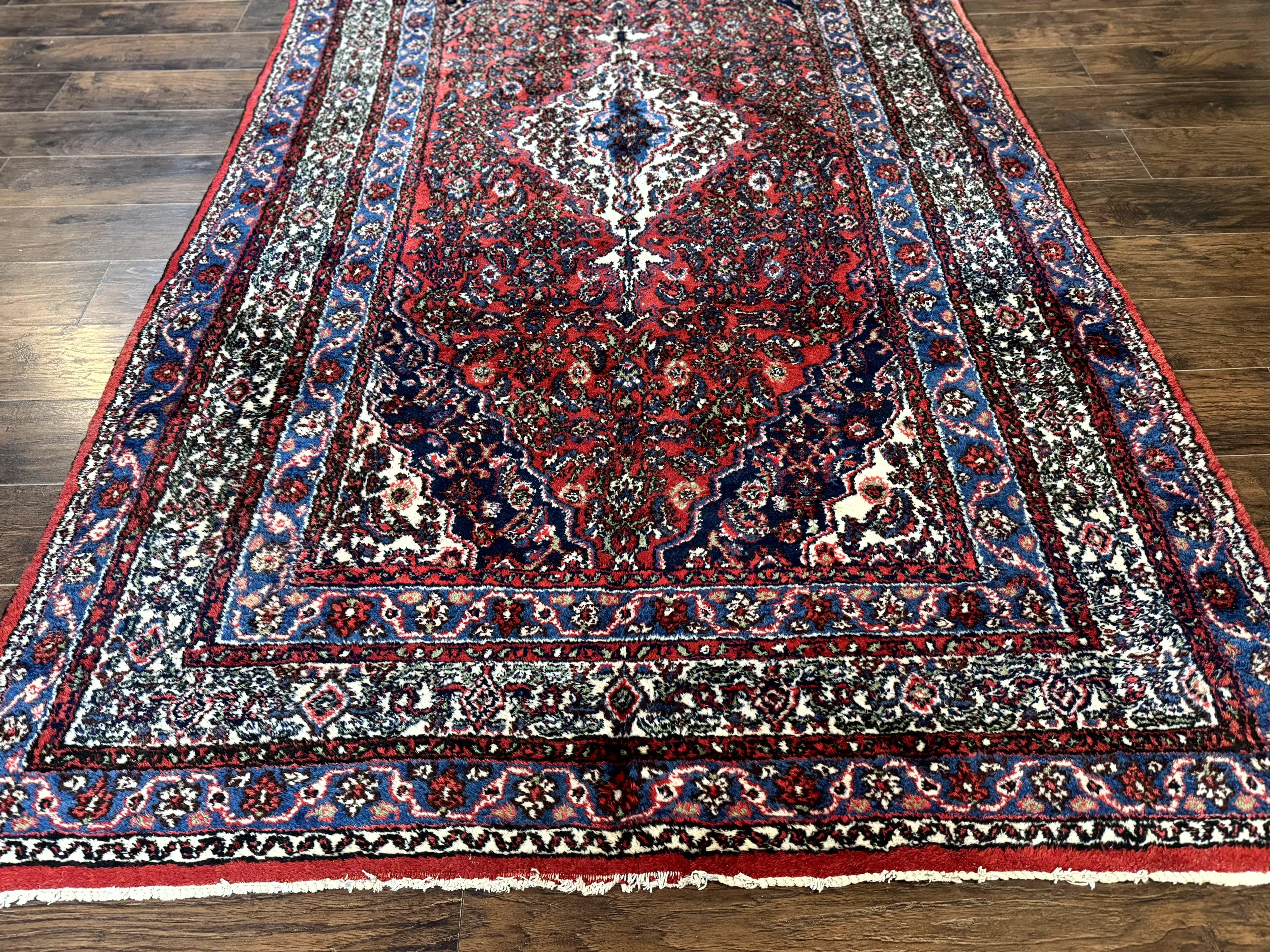 Persian Tribal Rug 6x11, Red Blue Ivory, Antique Persian Carpet, Hamadan Dargazin Carpet