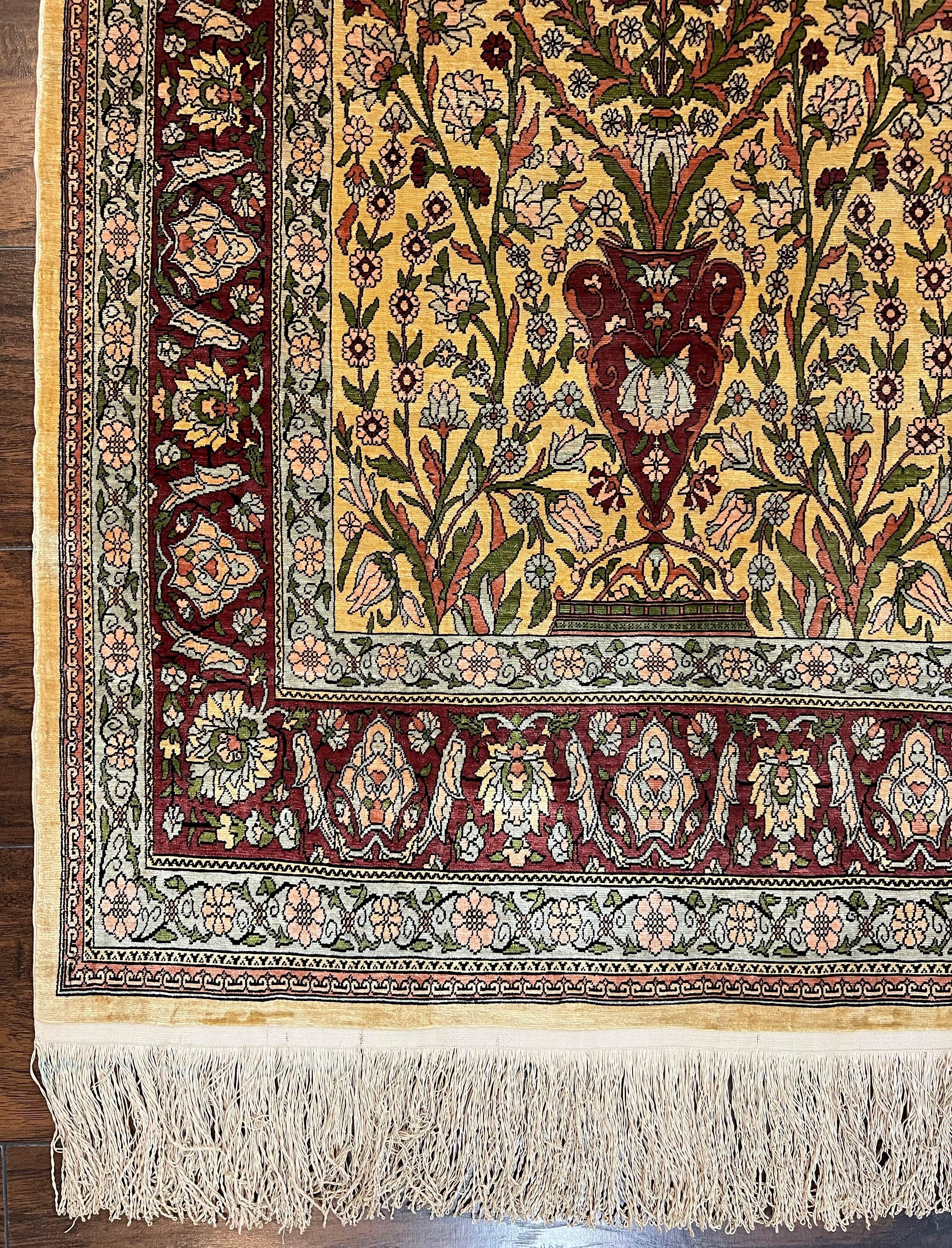 Wonderful Silk Turkish Hereke Prayer Rug 2.8 x 4.5, Tree of Life Design, Signature from Master Weaver, Gold and Burgundy, Handmade, 625 KPSI