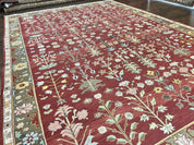 Indian Rug 10x14, Wool Hand Knotted Flatweave Carpet, Tree of Life, Red and Green