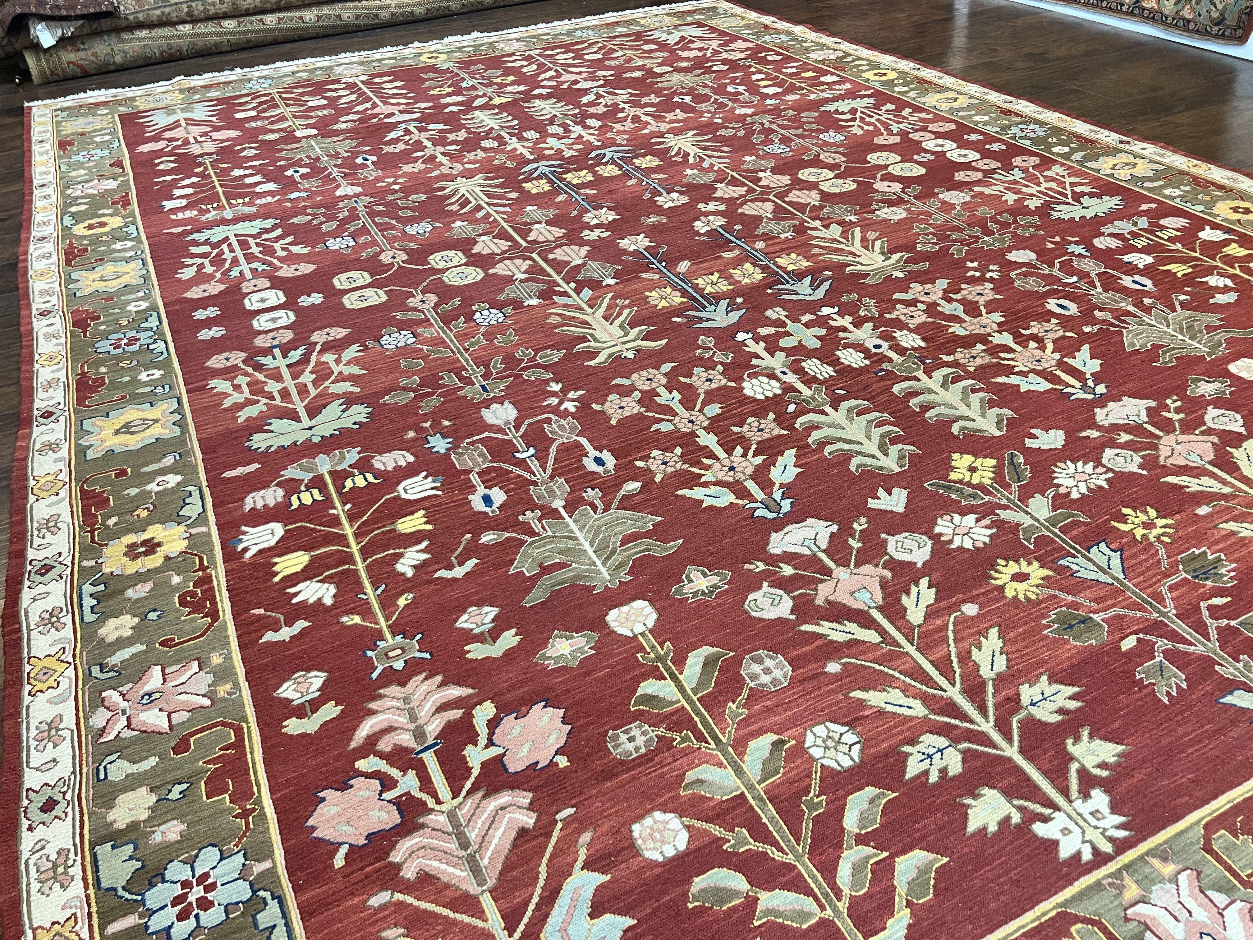 Indian Rug 10x14, Wool Hand Knotted Flatweave Carpet, Tree of Life, Red and Green