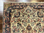 Antique Persian Kirman Rug 4x7, Cream and Navy Blue, Hand Knotted Wool Floral Carpet