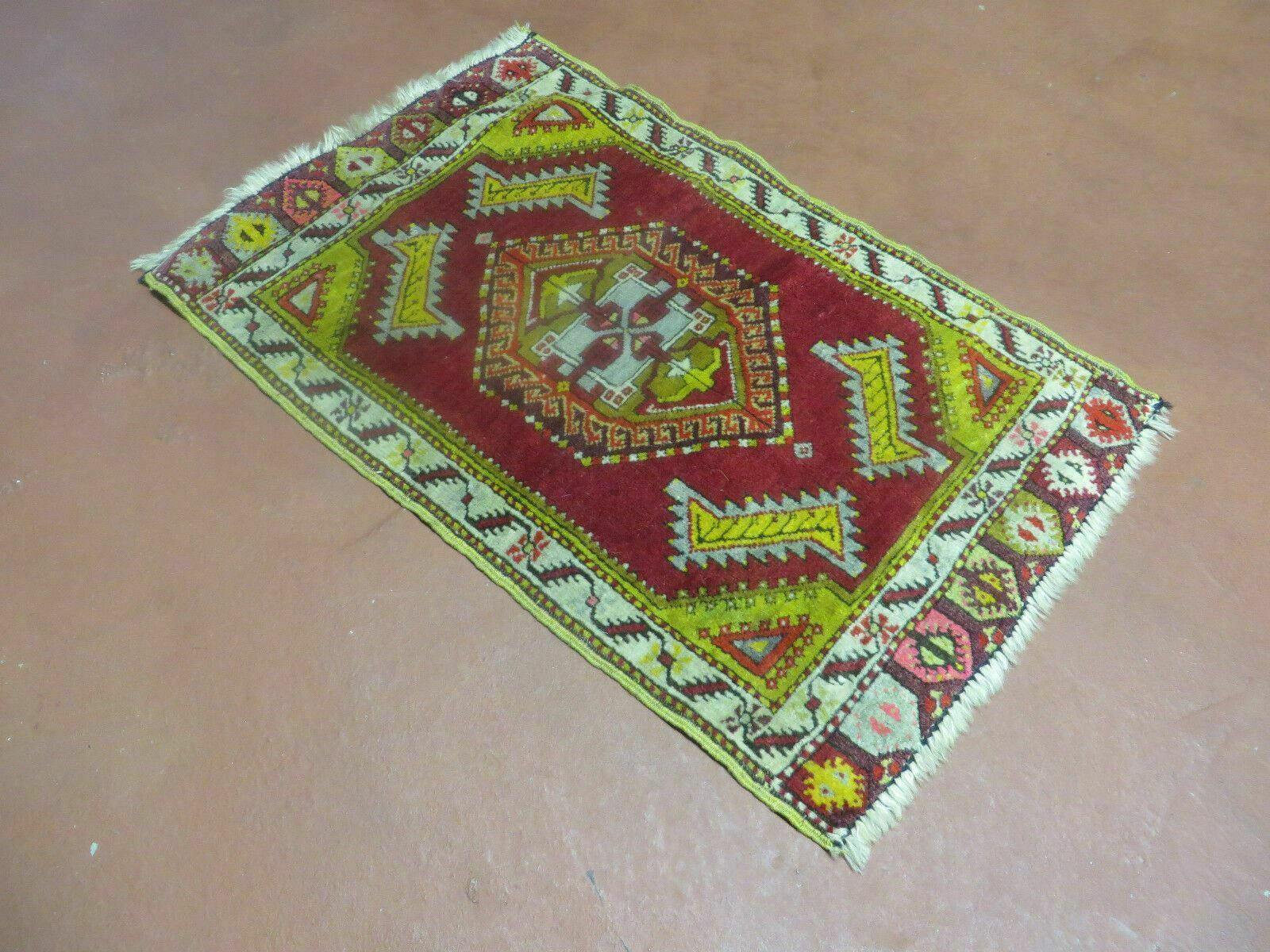 Antique Turkish Yastik Rug 2x3, Handmade Wool Oushak Small Oriental Carpet Red