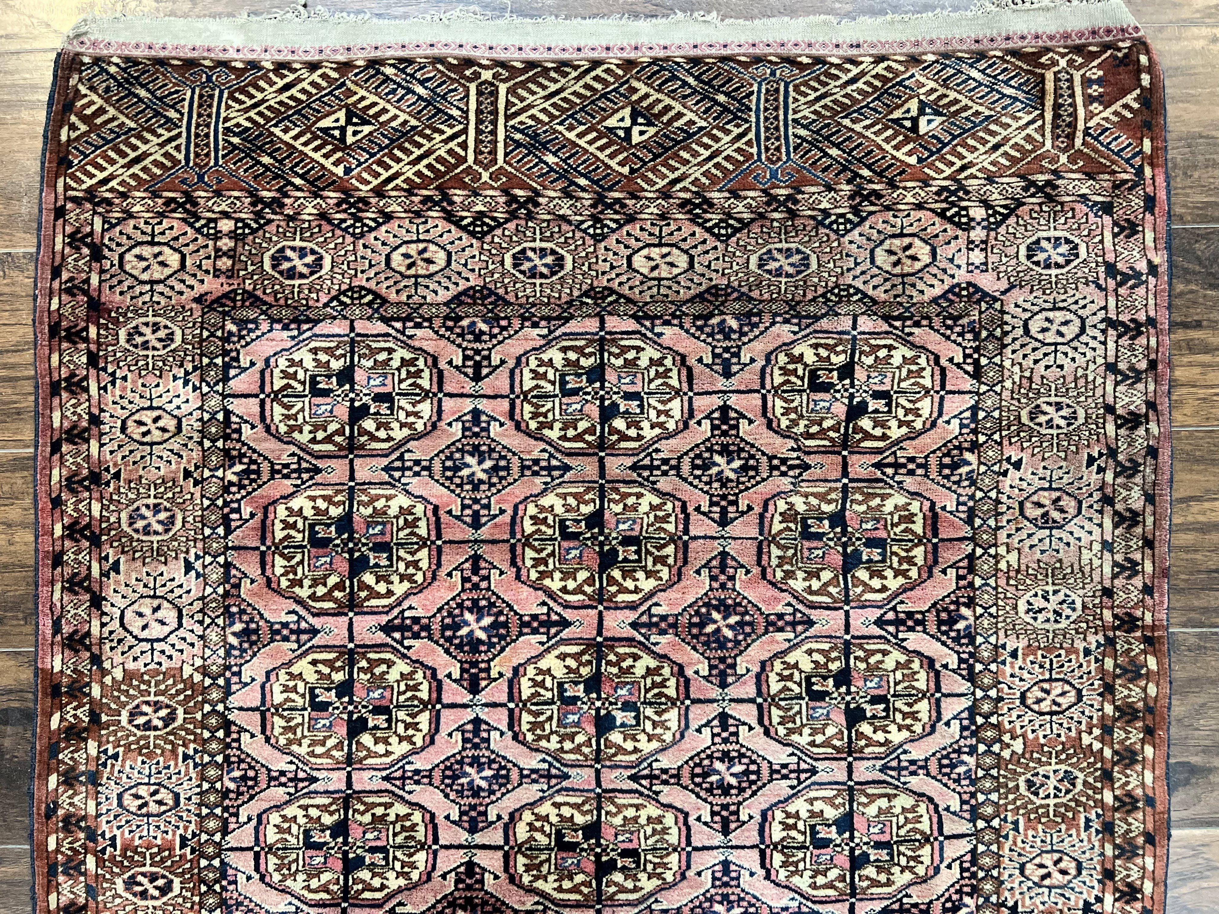 Persian Turkoman Rug 4x6, Wool Hand Knotted Antique Bokhara Carpet, Red Pink, Handmade Tribal Oriental Rug 4 x 6 ft