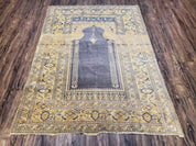 Rare Turkish Ghiordes Prayer Rug 4 x 5.8 ft, Late 19th Century Turkish Oriental Carpet, Mehrab Antique Prayer Rug, Museum Quality, Blue, Tan