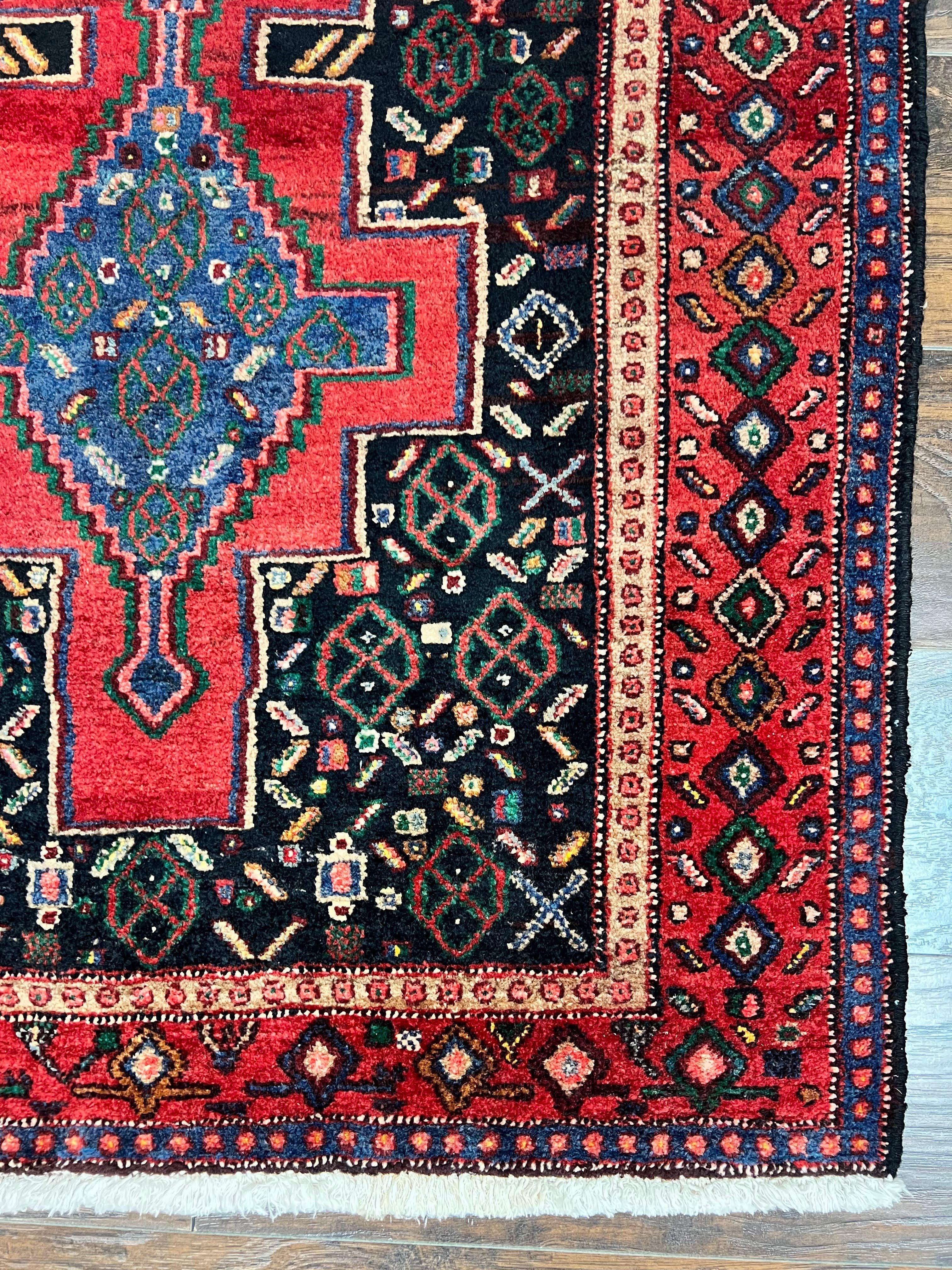 Persian Kurdish Senneh Runner Rug 3x9, Red Navy Blue, Medallions Wool Tribal Runner for Kitchen/Hallway 9ft Antique Handmade Oriental Runner