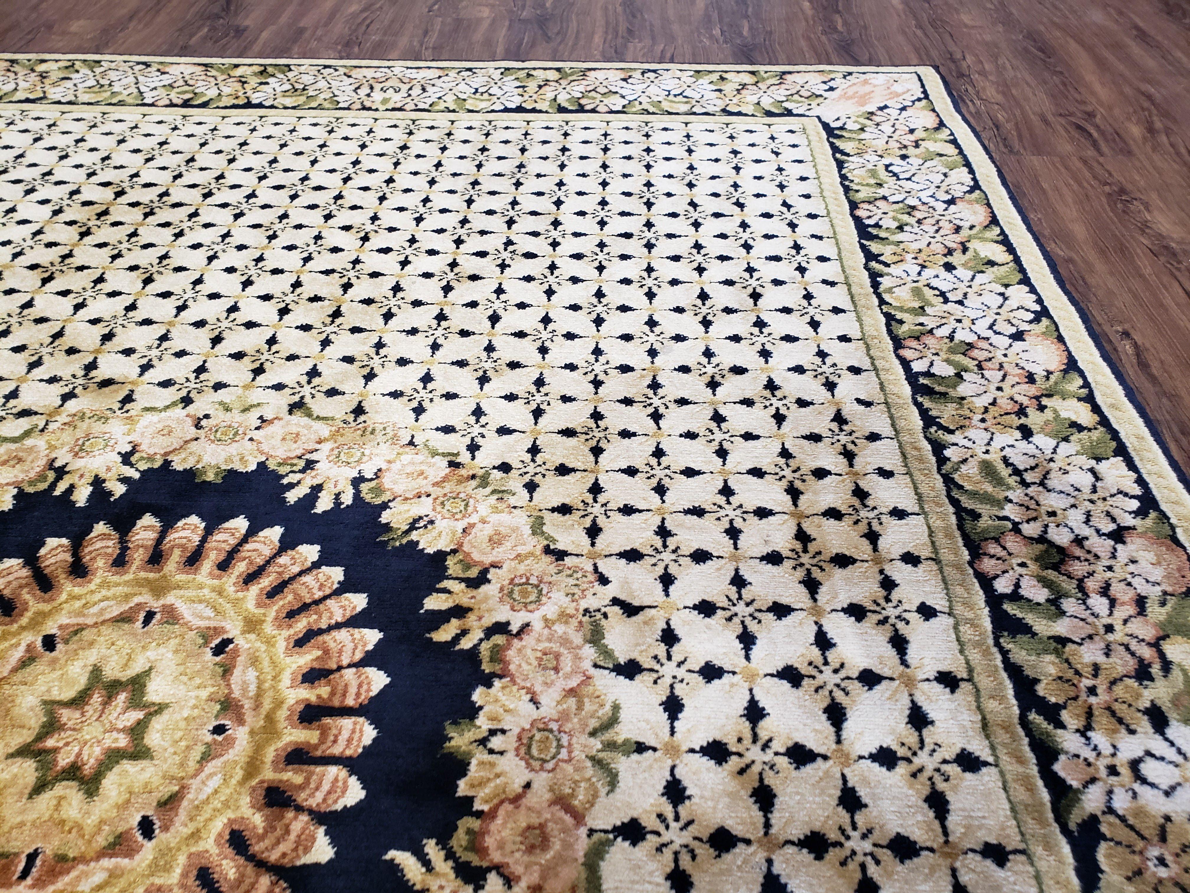 Indian Rug with Tibetan Weave, 6x8 - 6x9 Rugs, Indo-Tibetan Rug, Black and Cream Beige Tan, Floral Border, Soft Rug, Handmade Area Rug, Wool