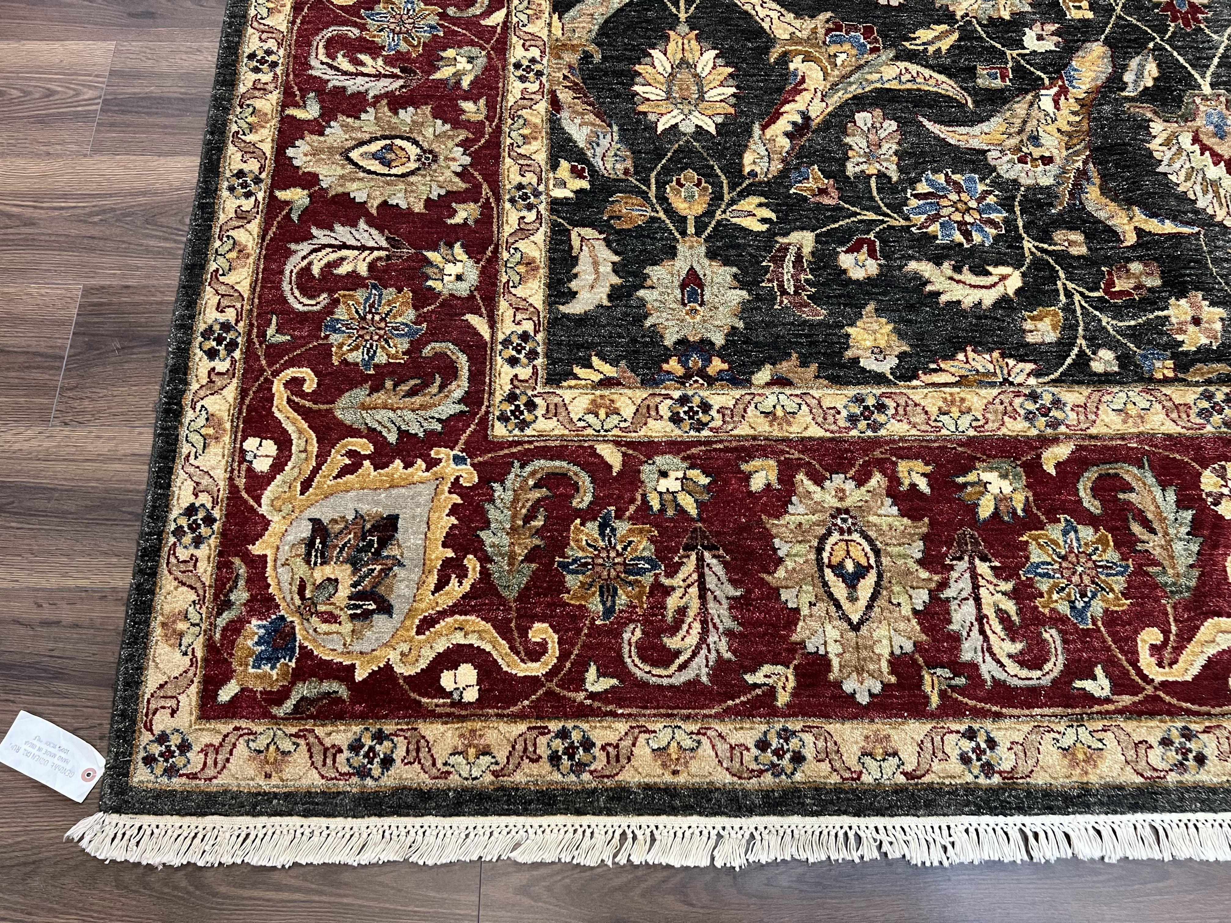Pak Persian Mahal Rug 9x12, Allover Floral Pakistani Oriental Carpet 9 x 12, Wool Hand Knotted Area Rug, Dark Slate Gray-Black and Maroon