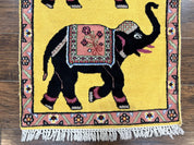 Unique Indian Pictorial Rug 2x3, Small Wool Hand Knotted Oriental Carpet, Yellow, Two Elephants, Handmade