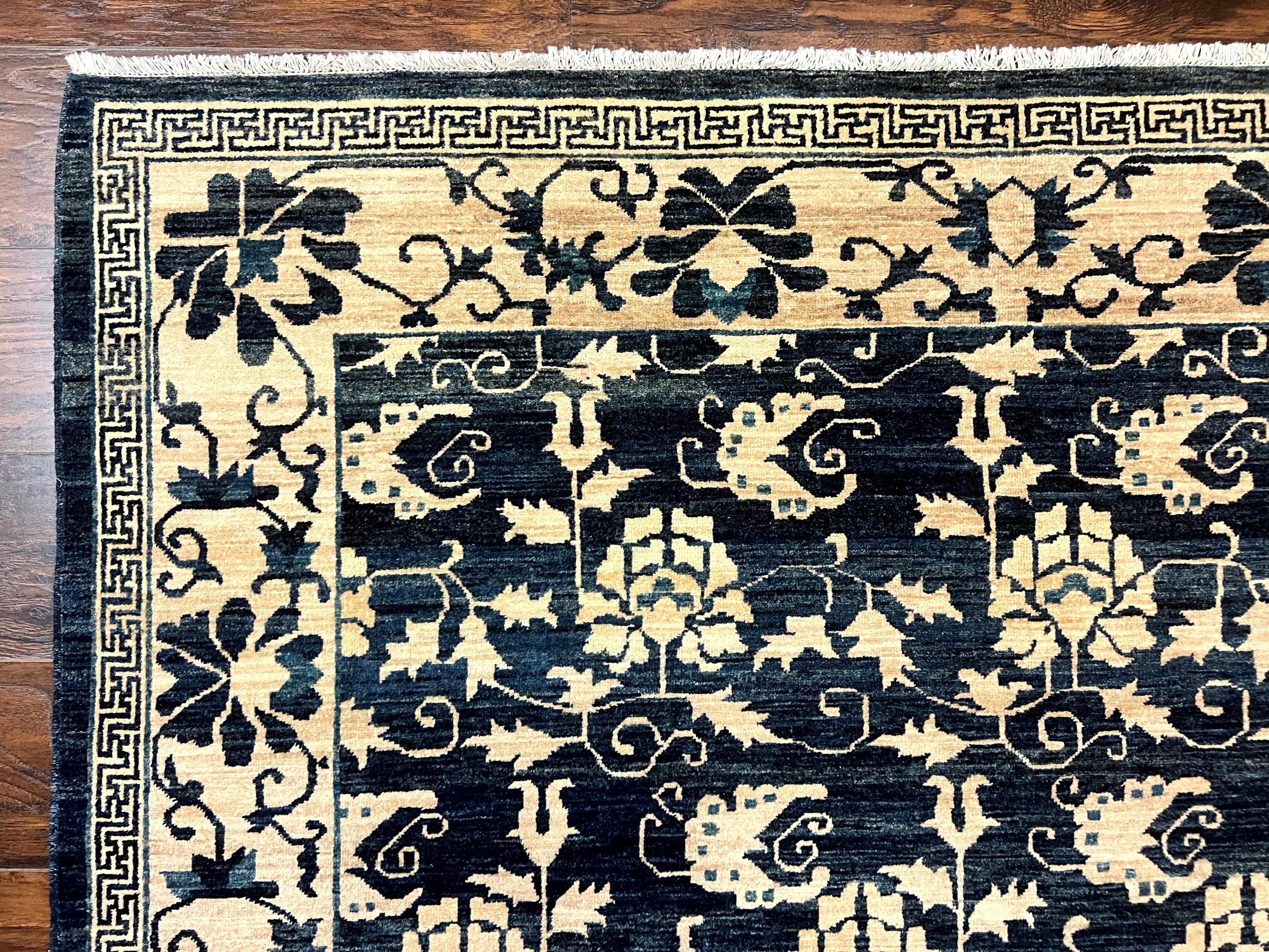 Sino Persian Rug 6x9, Hand Knotted Wool Carpet, Floral Allover, Blue Cream-Tan