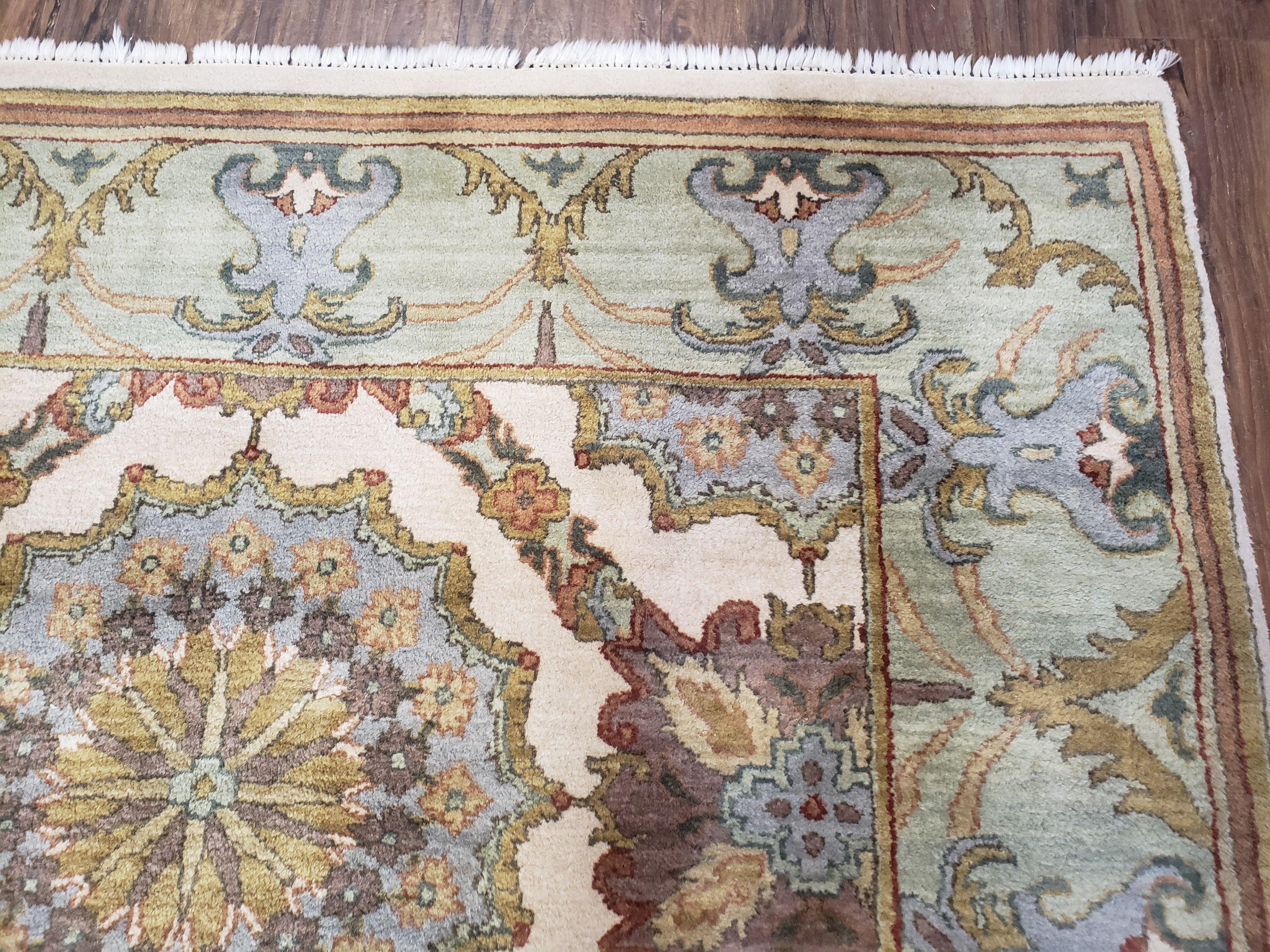 Indo Sultanabad Area Rug 8 x 9.5, Wool Hand-Knotted Ivory Green Teal Decorative Rug, Floral Panel Carpet, Indian Rug, 8 x 10 Bedroom Rug