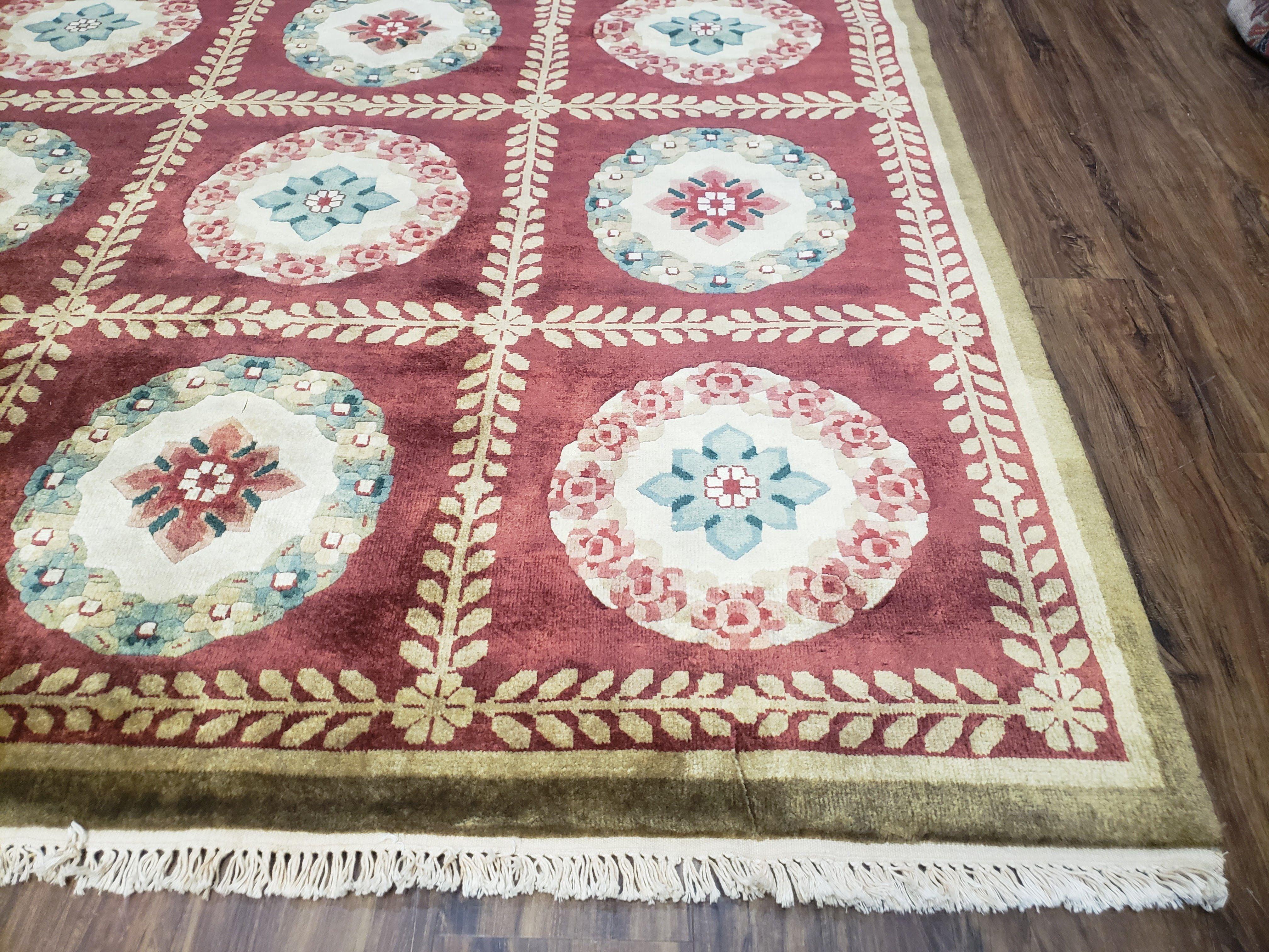 Nepalese Aubusson Panel Rug 6x9, Red & Ivory Soft Plush Tibetan Pile Rug, Wool Hand-Knotted Carpet, 6 x 9 Elegant Area Rug, Office Room Rug