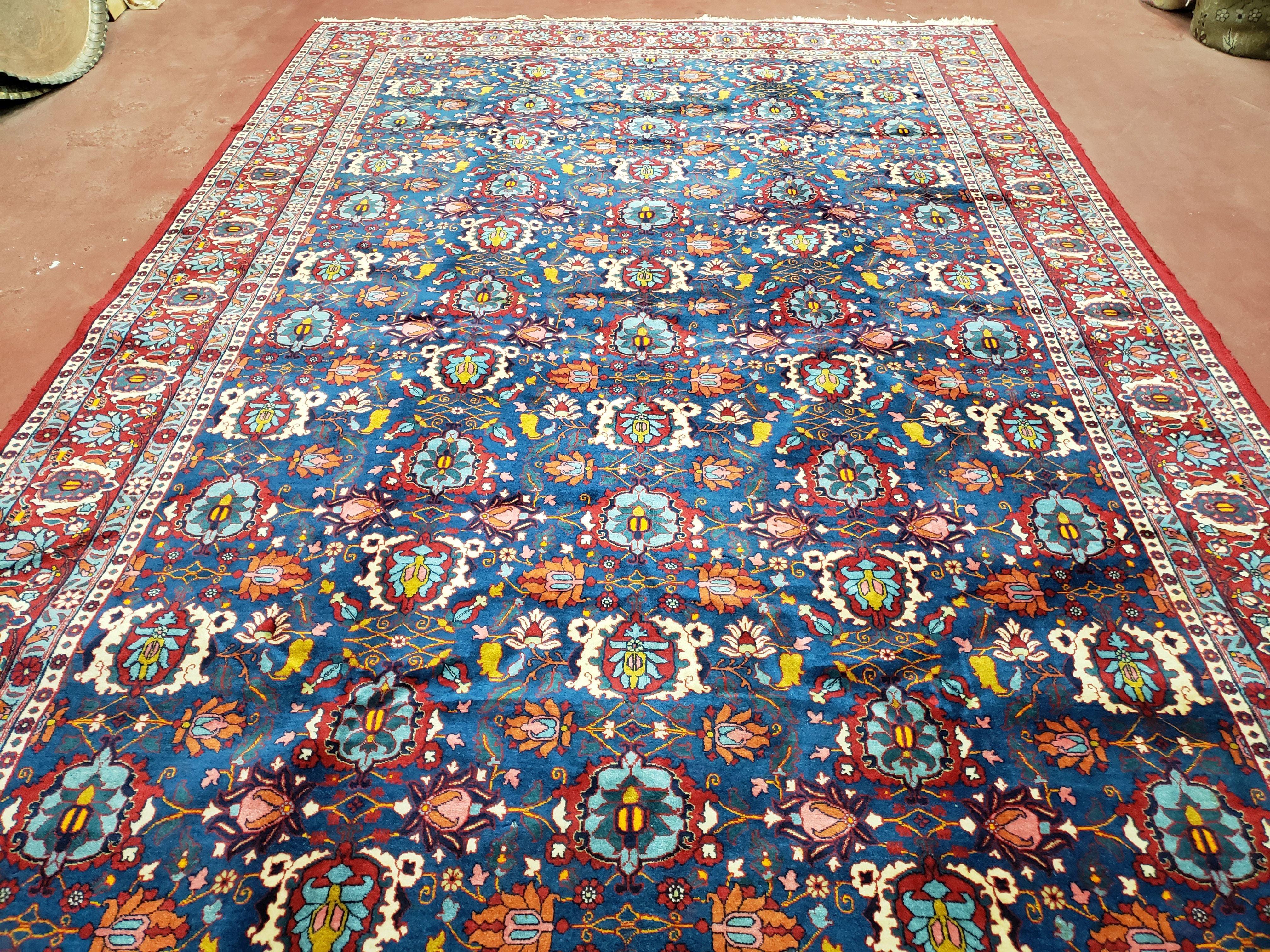 Rare Antique Persian Veramin Carpet, Mina-Khani Pattern, Blue, Red, Ivory, 7x11 ft, Hand-Knotted, Wool