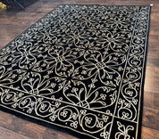Tibetan Rug 8x10, Wool and Silk, Raised Pattern, Black and Gold, Floral