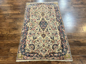Antique Persian Kirman Rug 4x7, Cream and Navy Blue, Hand Knotted Wool Floral Carpet
