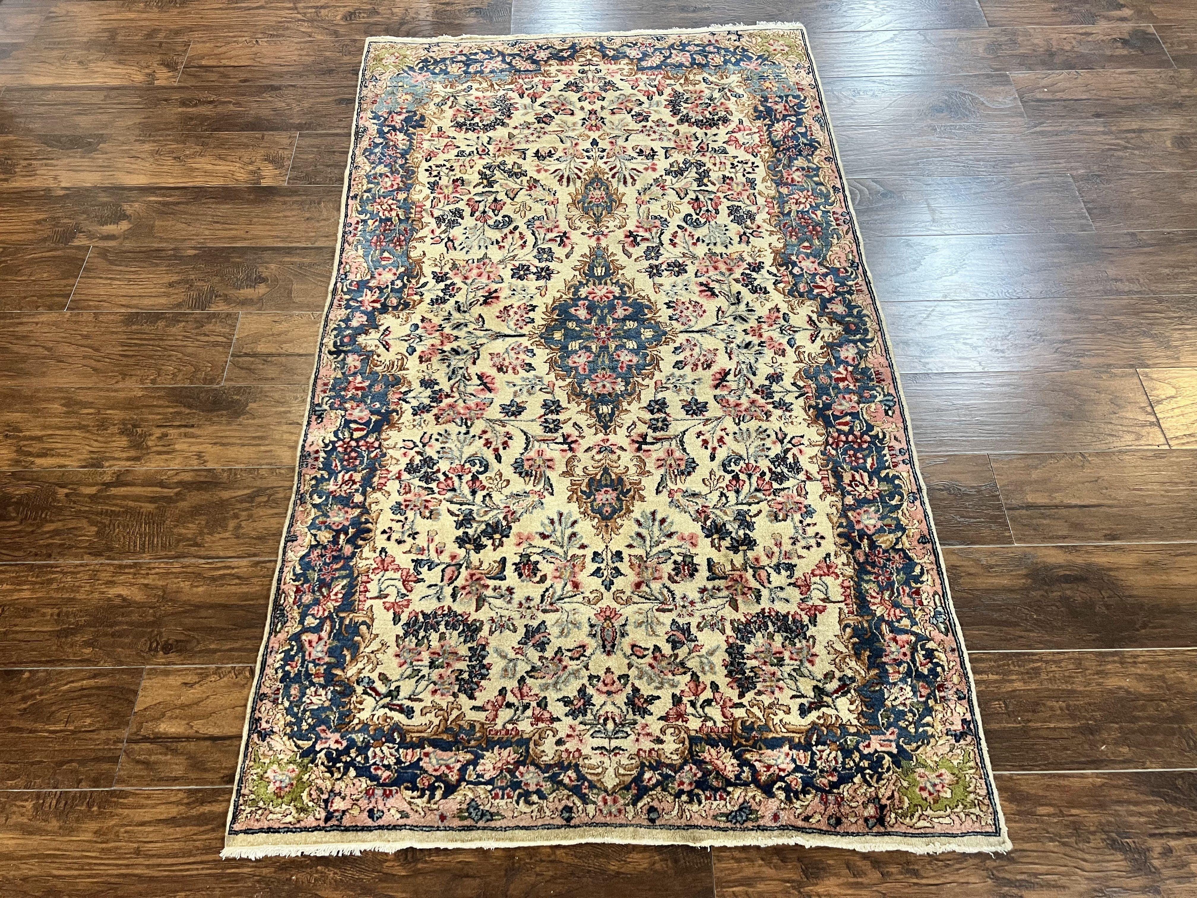 Antique Persian Kirman Rug 4x7, Cream and Navy Blue, Hand Knotted Wool Floral Carpet