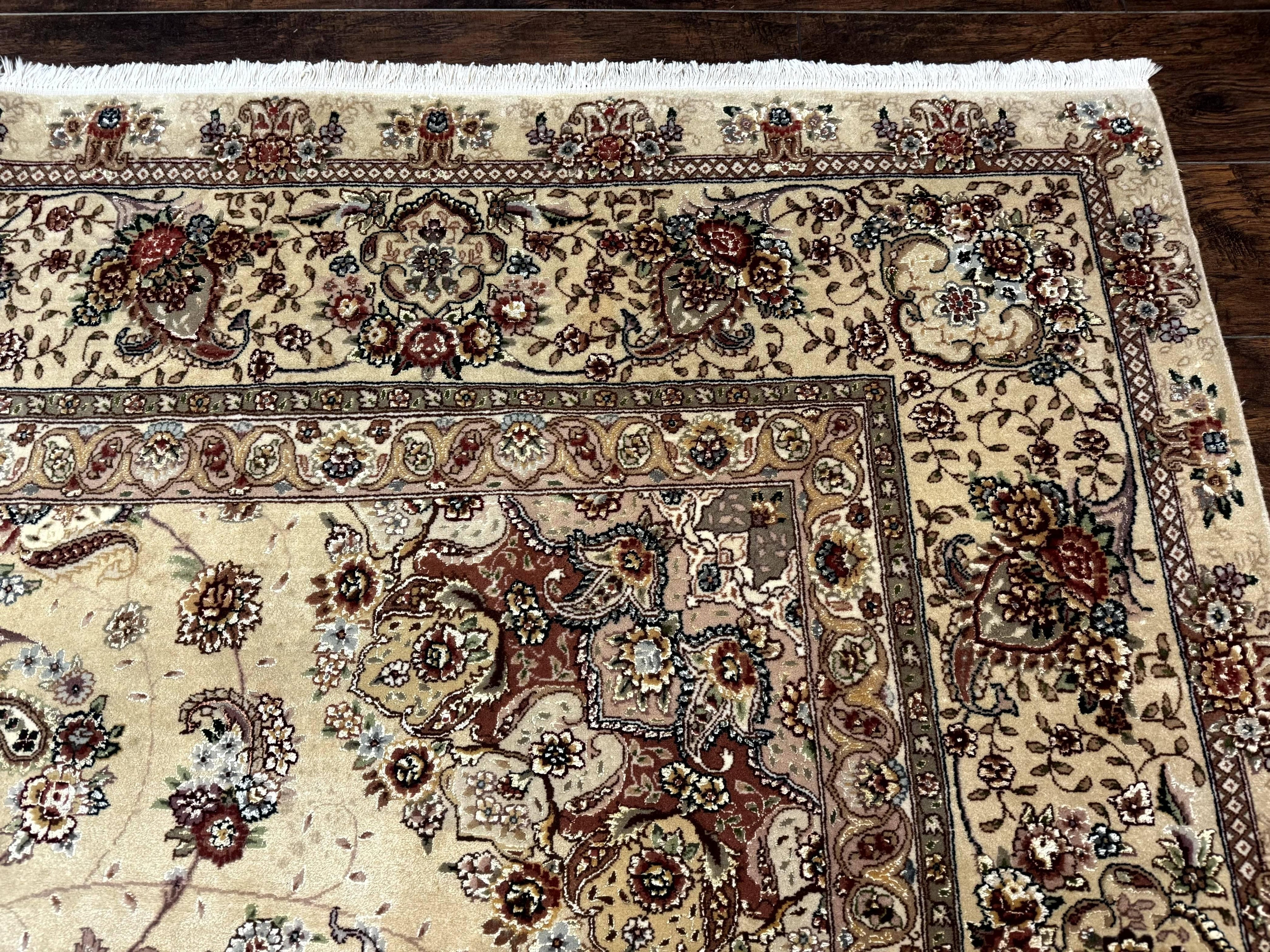 Sino Persian Rug 8x10, Wool and Silk Highlights, 290 KPSI, Floral Medallion
