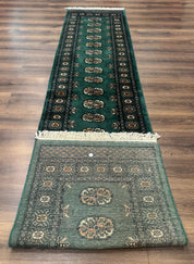 Pakistani Bokhara Runner Rug 2.5 x 11, Green Turkoman Wool Runner for Hallway