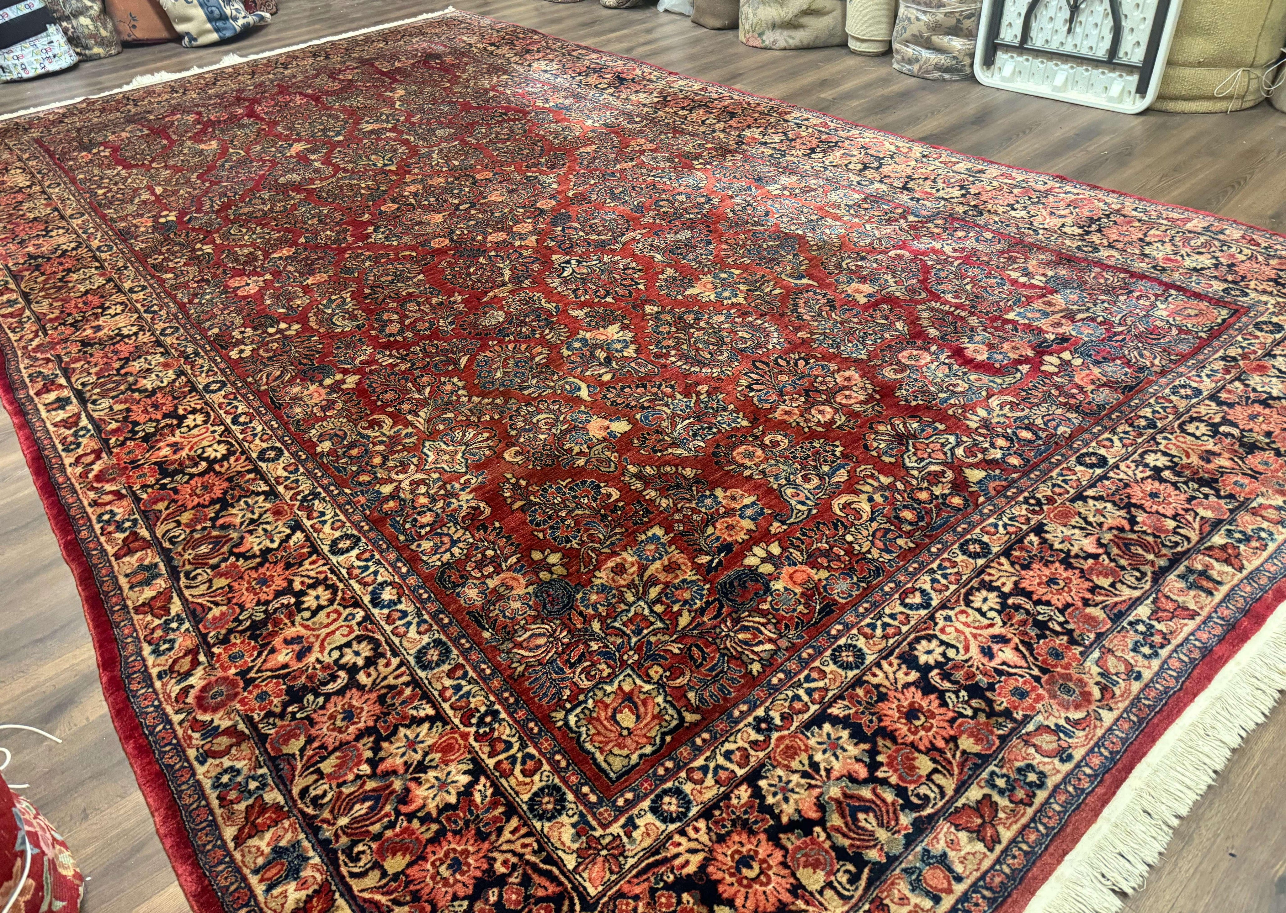 Large Persian Sarouk Rug 10x17, Palace Size Antique Persian Carpet, Red, Floral Allover, Traditional Persian Rug, Oversize Handmade Wool Rug
