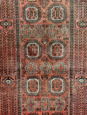 Antique Persian Turkoman Rug 3x6, Wool Tribal Handmade Carpet, Red and Black
