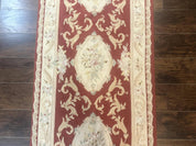 Aubusson Runner Rug 3x10, European Design, Red and Beige, Elegant, Handmade Wool Rug