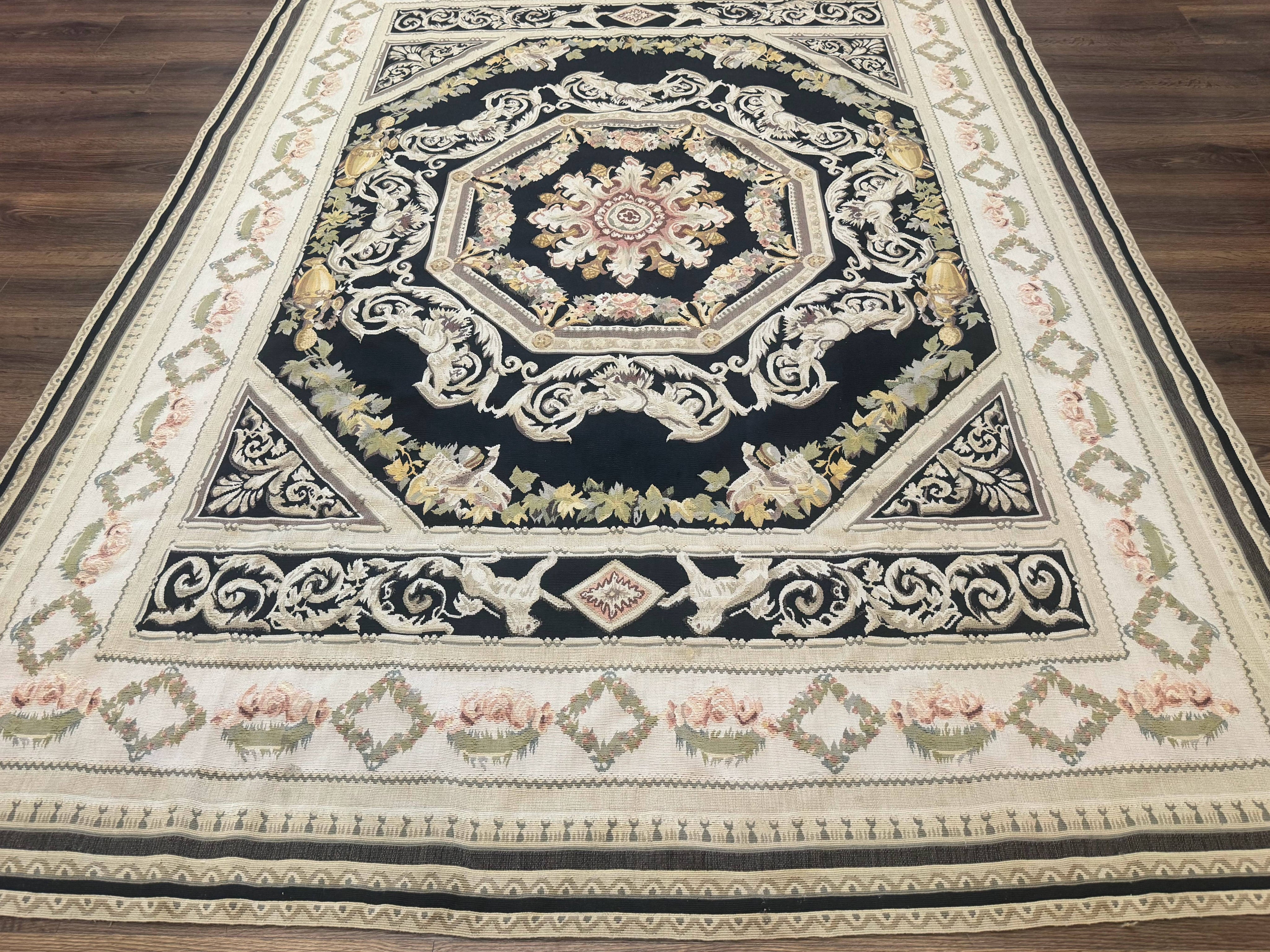 Aubusson Rug 6x8, European Design, Lion Pictorials, Black