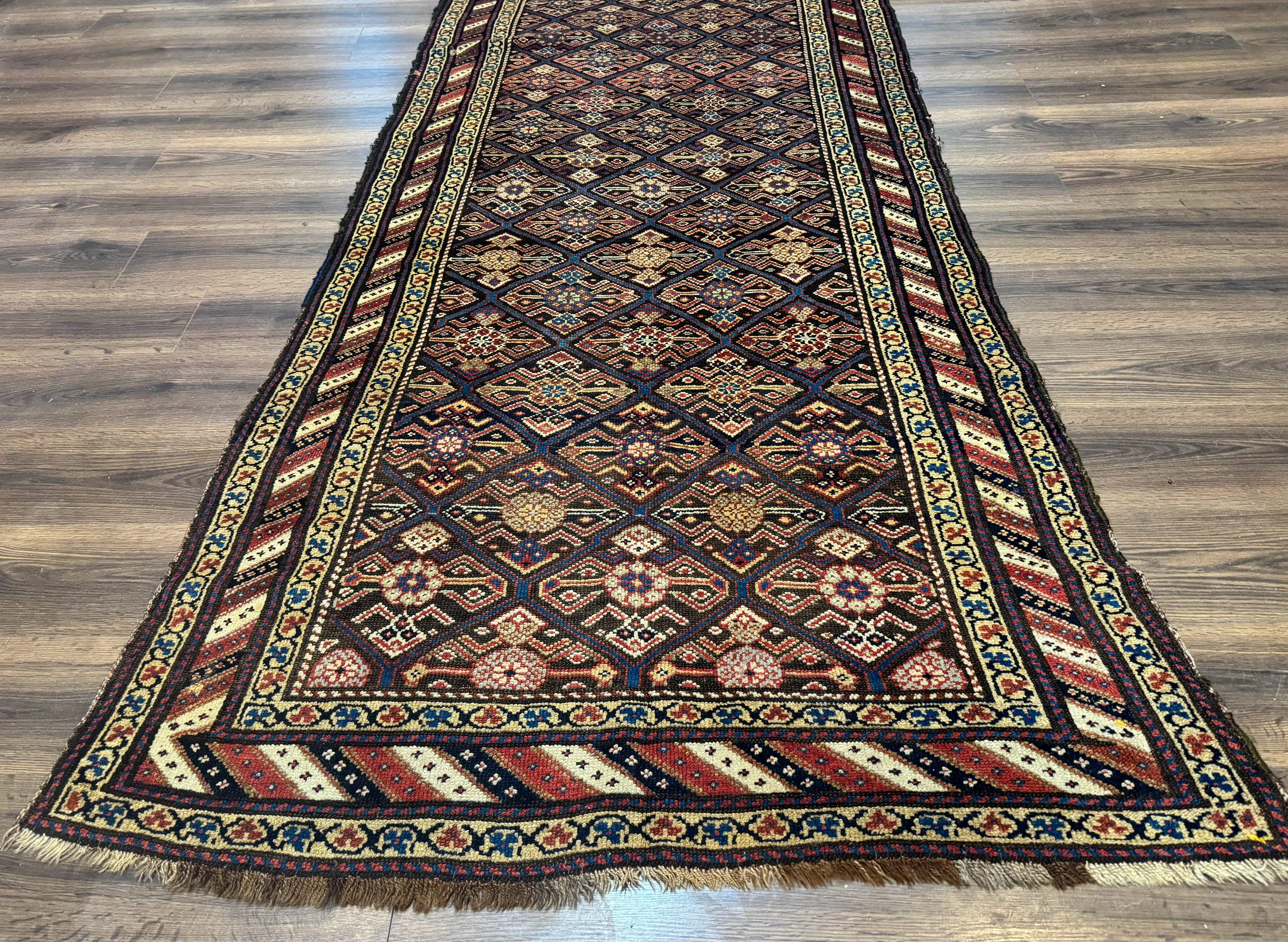 Antique Persian Wide Runner Rug 4x9, Kurdish Rug, Panel Design, Rainbow Border, Rare Tribal Rug