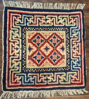 Small Antique Chinese Rug 2x2, Red Blue Square Rug Mat, Handmade, Tibetan Rug