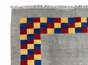Gray Kilim Carpet, Yellow, Red, Blue Checkerboard Pattern, Flatweave, New, Geometric, Hand-Knotted, Wool, Turkish Area Rug, 5' 9" x 7' 9"