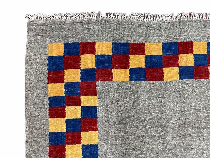 Gray Kilim Carpet, Yellow, Red, Blue Checkerboard Pattern, Flatweave, New, Geometric, Hand-Knotted, Wool, Turkish Area Rug, 5' 9" x 7' 9"