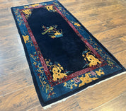 Antique Chinese Peking Rug 3x6, Dark Blue, Bird Motif, Handmade Wool Art Deco Asian Oriental Carpet, Pair A