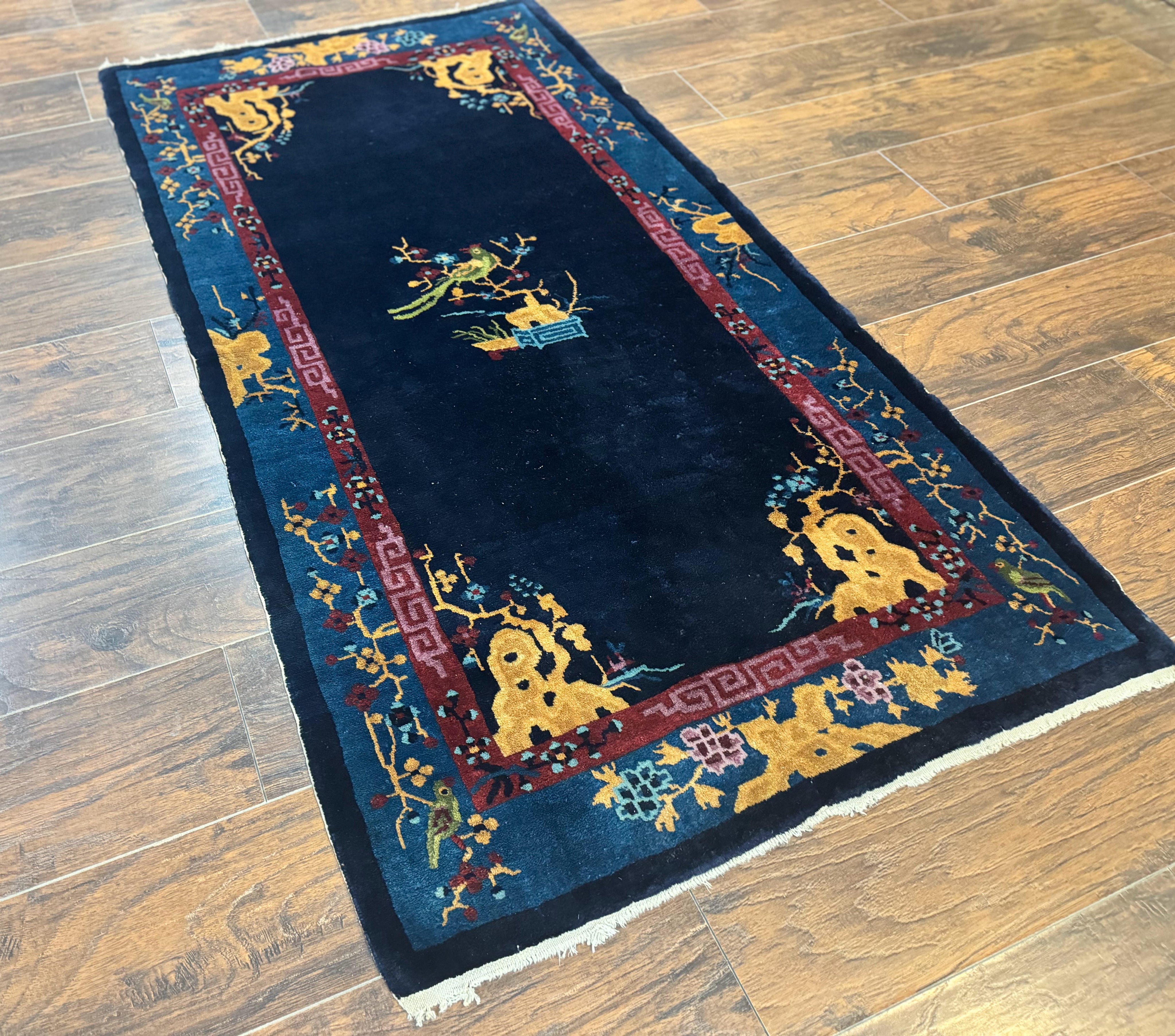 Antique Chinese Peking Rug 3x6, Dark Blue, Bird Motif, Handmade Wool Art Deco Asian Oriental Carpet, Pair A