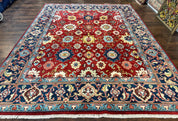 Indo Heriz Rug 8x10, Red and Navy Blue, Allover Pattern, Wool Handmade Carpet