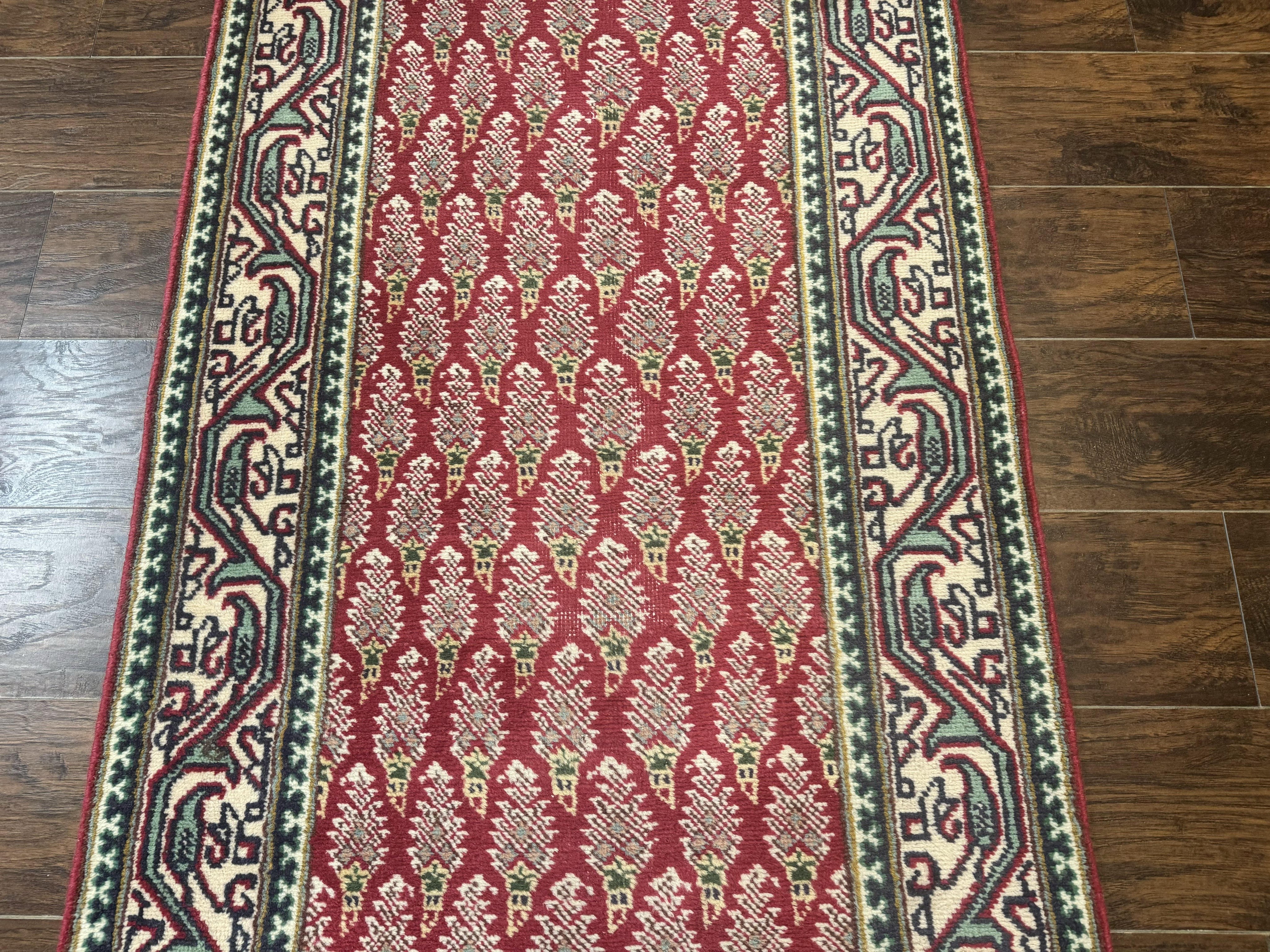 Persian Tabriz Runner Rug 3x16, Paisley Boteh Design, Red and Cream, Rug for Hallway, 16ft Wool Runner