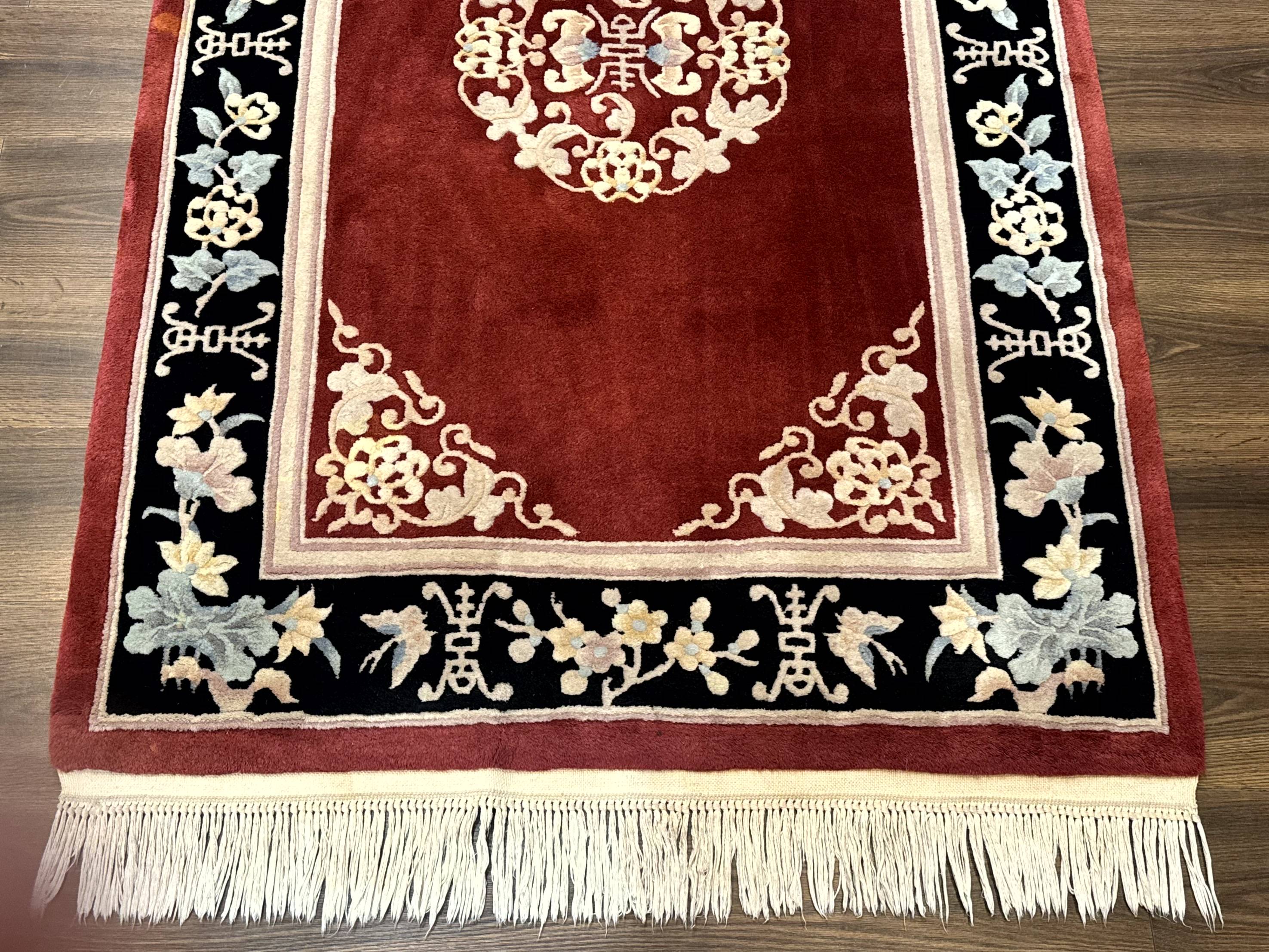 Chinese Wool Rug 4x6, Maroon and Black, Butterflies, Chinese Oriental Carpet, 90 Line Rug