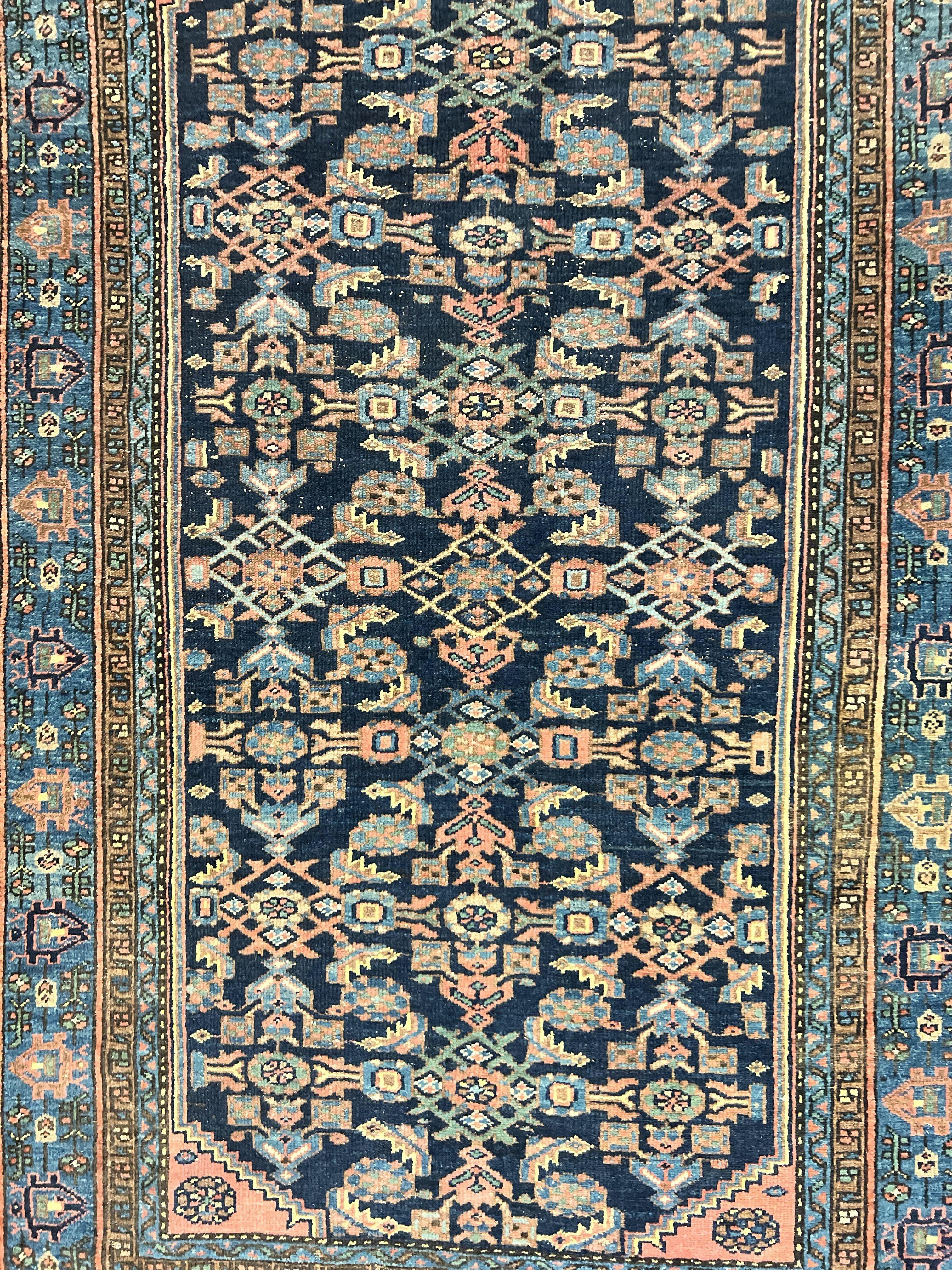 Antique Persian Tribal Rug 5x7, Navy Blue & Pink, Hand Knotted Handmade 1920s Wool Rug, Allover Pattern, Persian Hamadan Rug