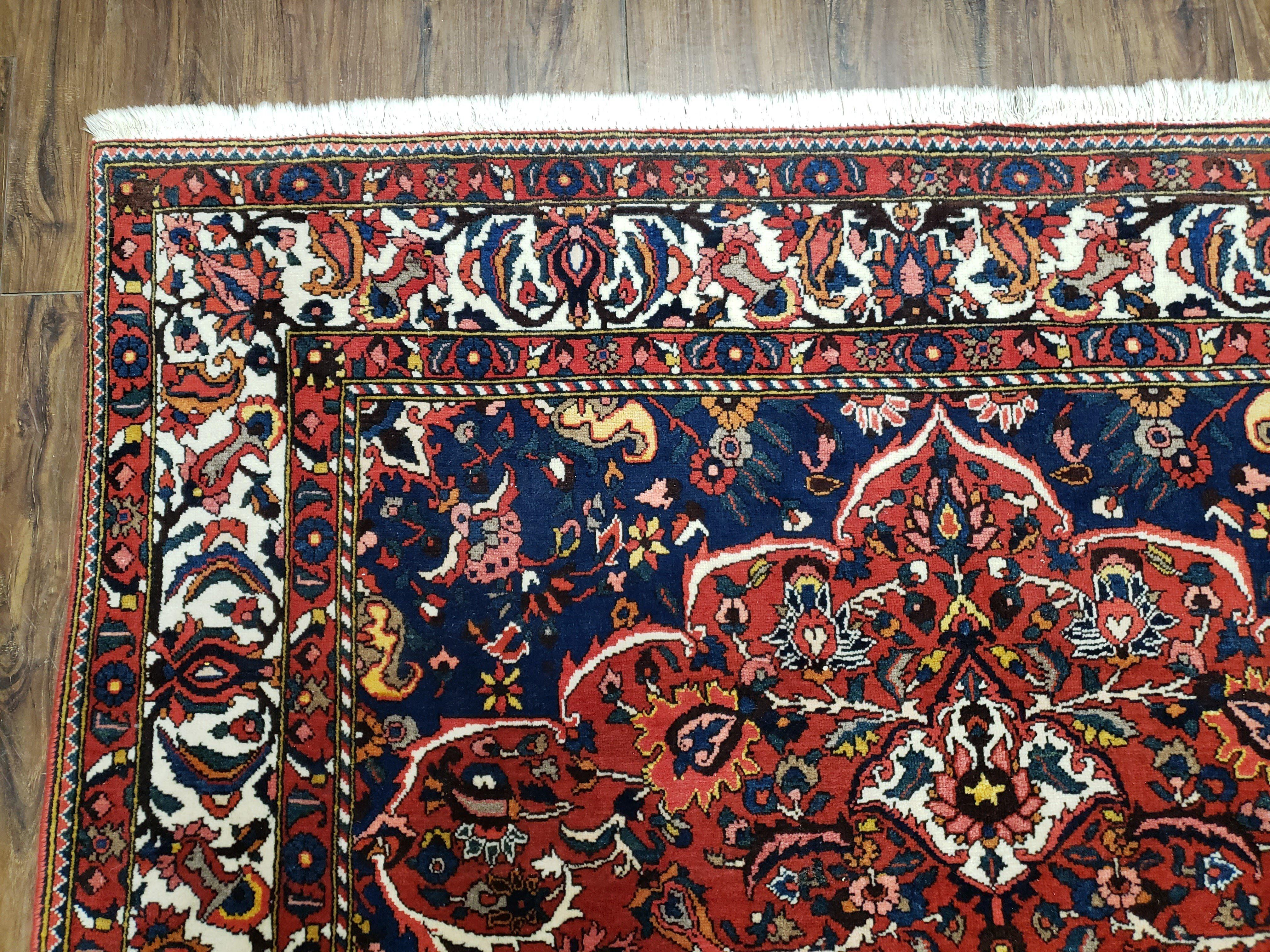 Semi Antique Persian Bakhtiari Rug, Hand-Knotted, Wool, Red, Midnight Blue, Ivory, Floral Medallion, 5'1" x 8' 6"