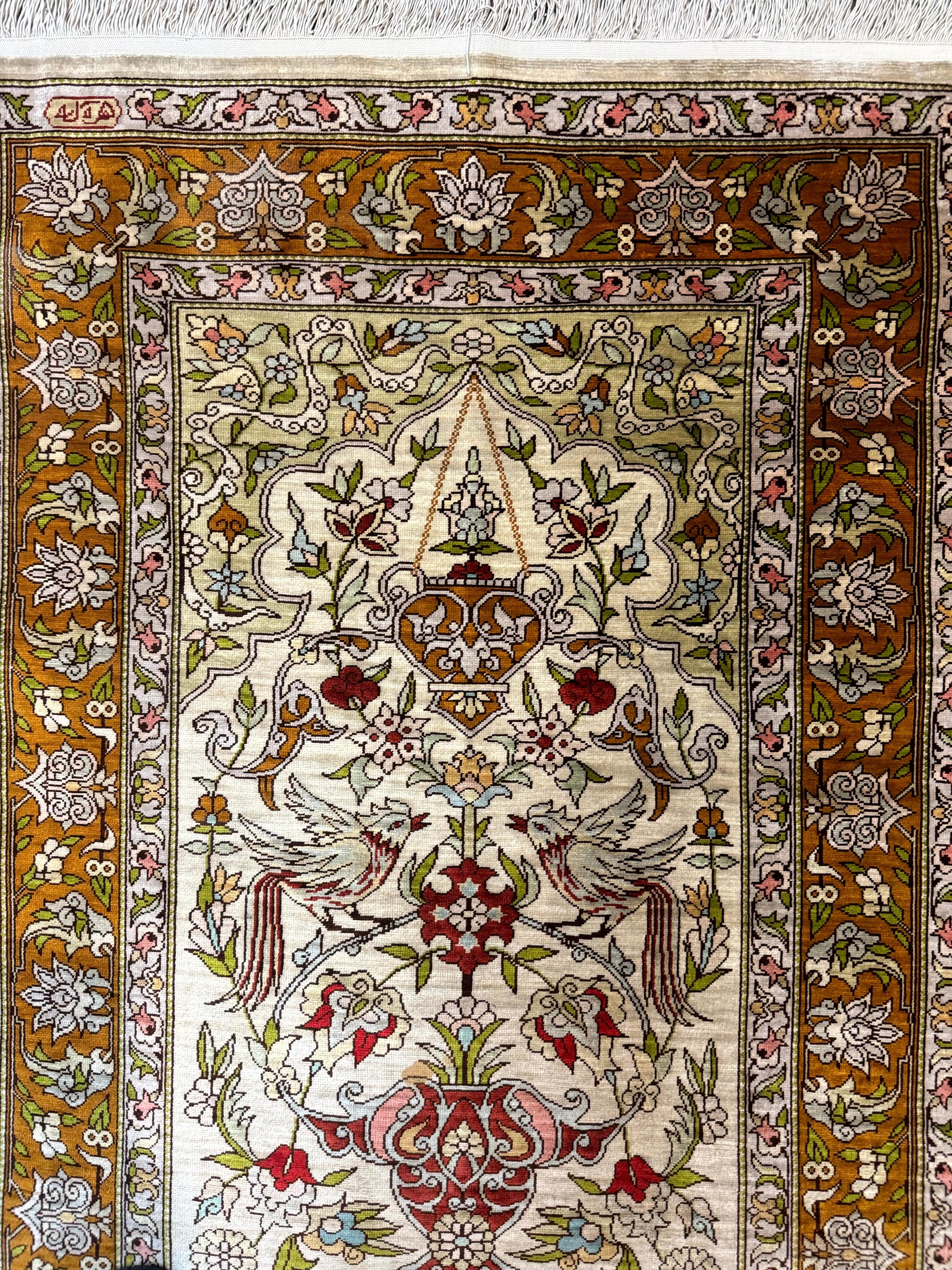 Silk Turkish Hereke Rug 2x3, Birds Lantern Very Fine 400 KPSI, Signed by Masterweaver, Wonderful, Rare, Small Hereke Rug