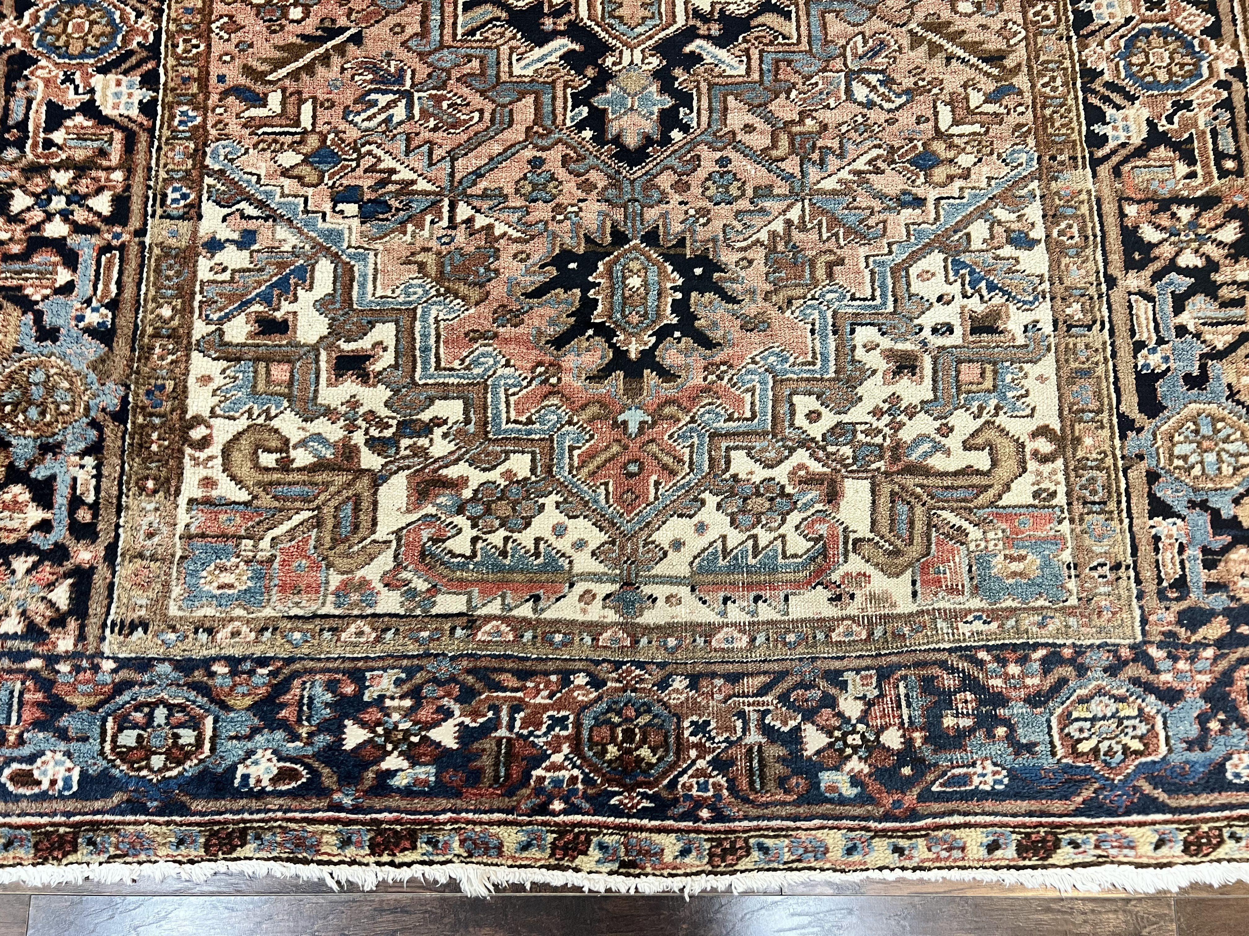 Antique Persian Heriz Rug 6x8, Geometric Medallion, 1920s Oriental Carpet, Handmade Wool Rug