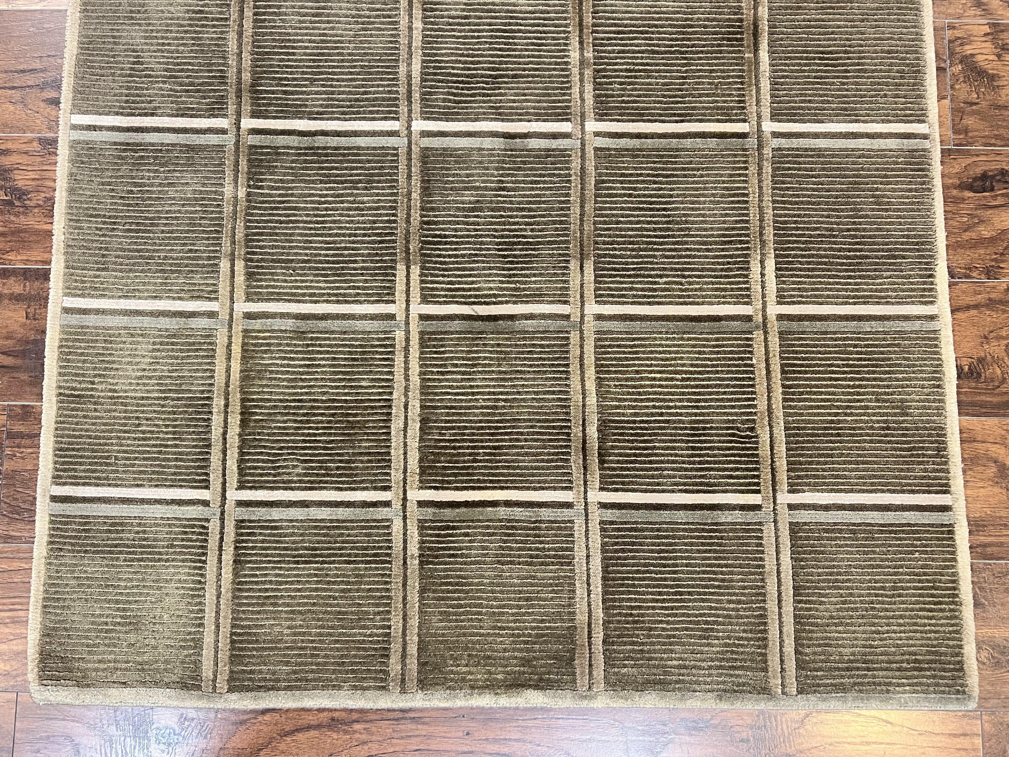 Tibetan Rug 4x6, Green Wool Handmade Area Rug 4 x 6, Panel Design, Modern Contemporary