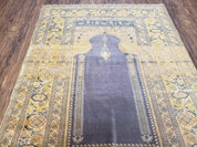 Rare Turkish Ghiordes Prayer Rug 4 x 5.8 ft, Late 19th Century Turkish Oriental Carpet, Mehrab Antique Prayer Rug, Museum Quality, Blue, Tan