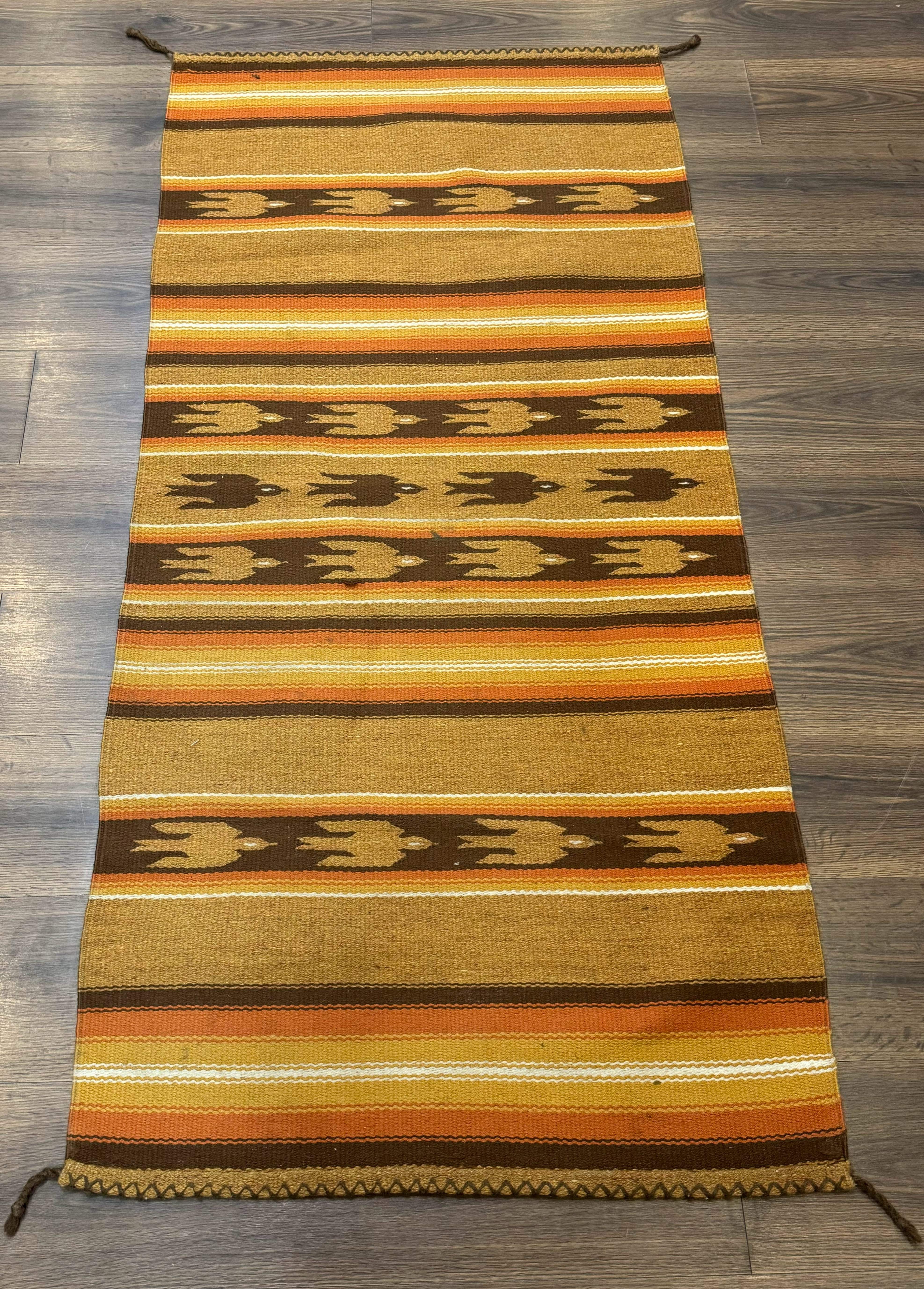 South American Rug Blanket 2.7 x 5.6, Wool, Handmade, Navajo Design, Orange Brown