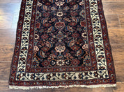 Navy Blue Antique Persian Rug 3x6, Blue and Ivory Persian Carpet, Handmade 1920s Hamadan Rug