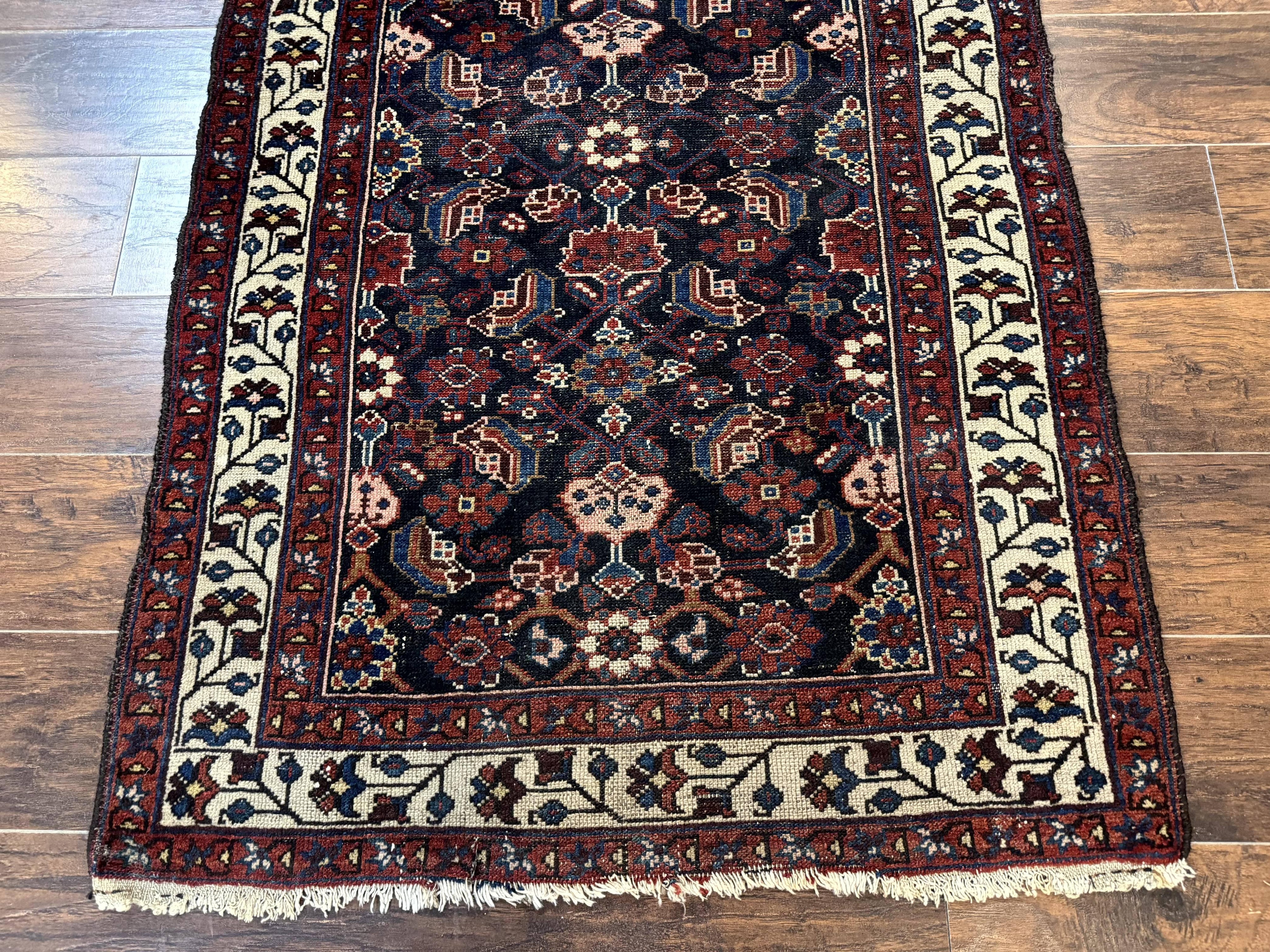 Navy Blue Antique Persian Rug 3x6, Blue and Ivory Persian Carpet, Handmade 1920s Hamadan Rug