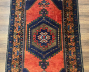 Persian Rug 3x6, Geometric Medallion, Village Tribal Rug, Terracotta and Navy Blue, Antique Nahavand Hamadan Rug